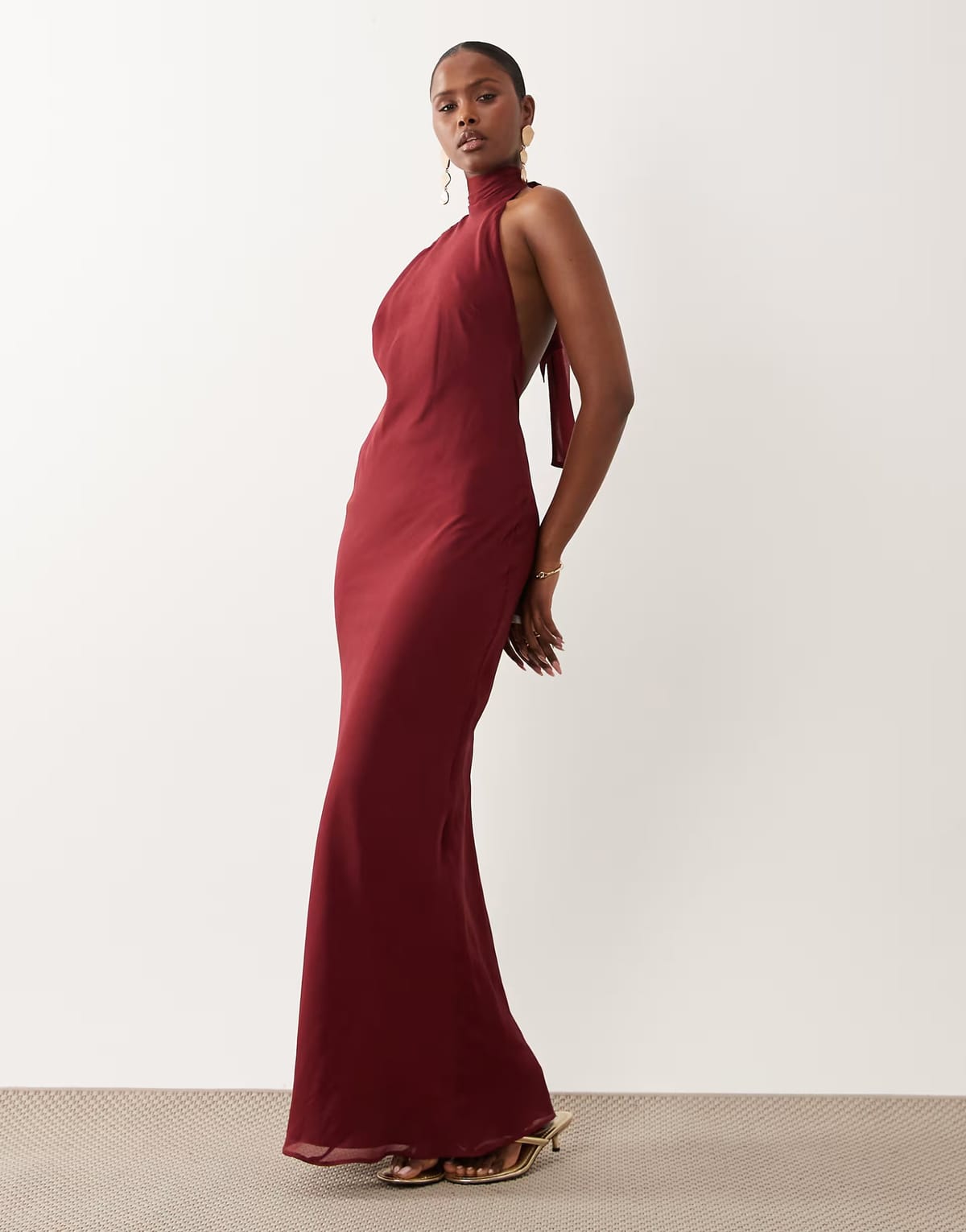 ASOS ASOS DESIGN tie halter neck maxi dress in berry - 1