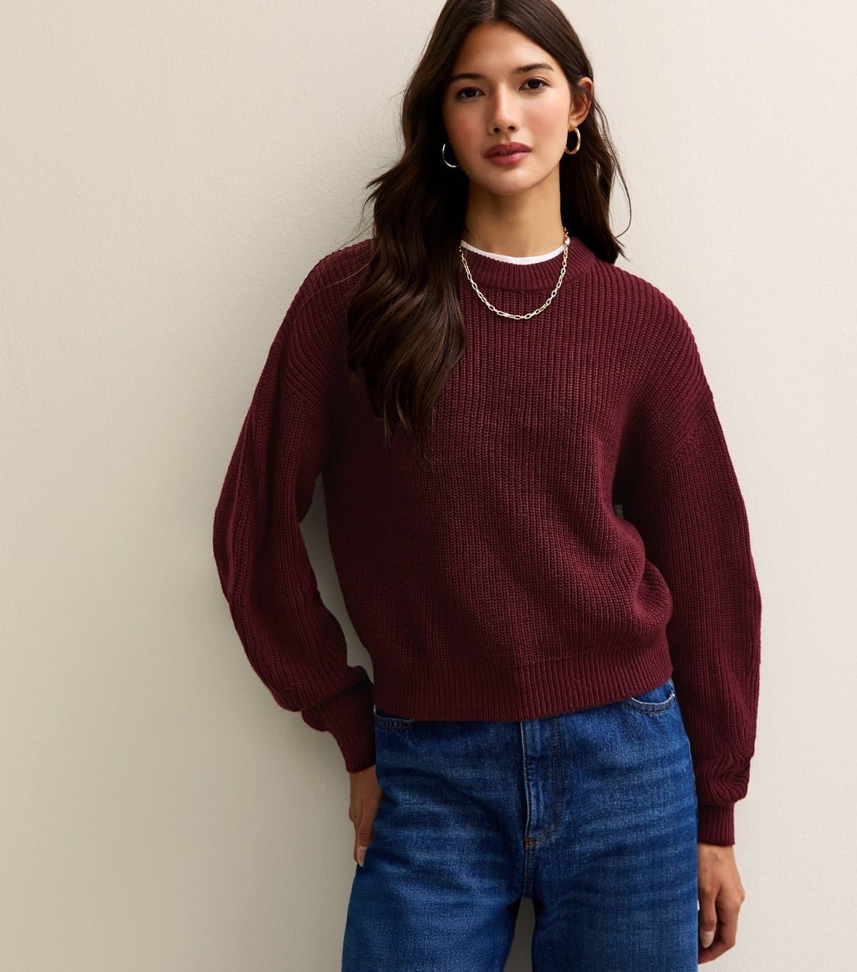 New Look Women's Dark Burgundy Ribbed Crew Neck Knit Jumper New Look