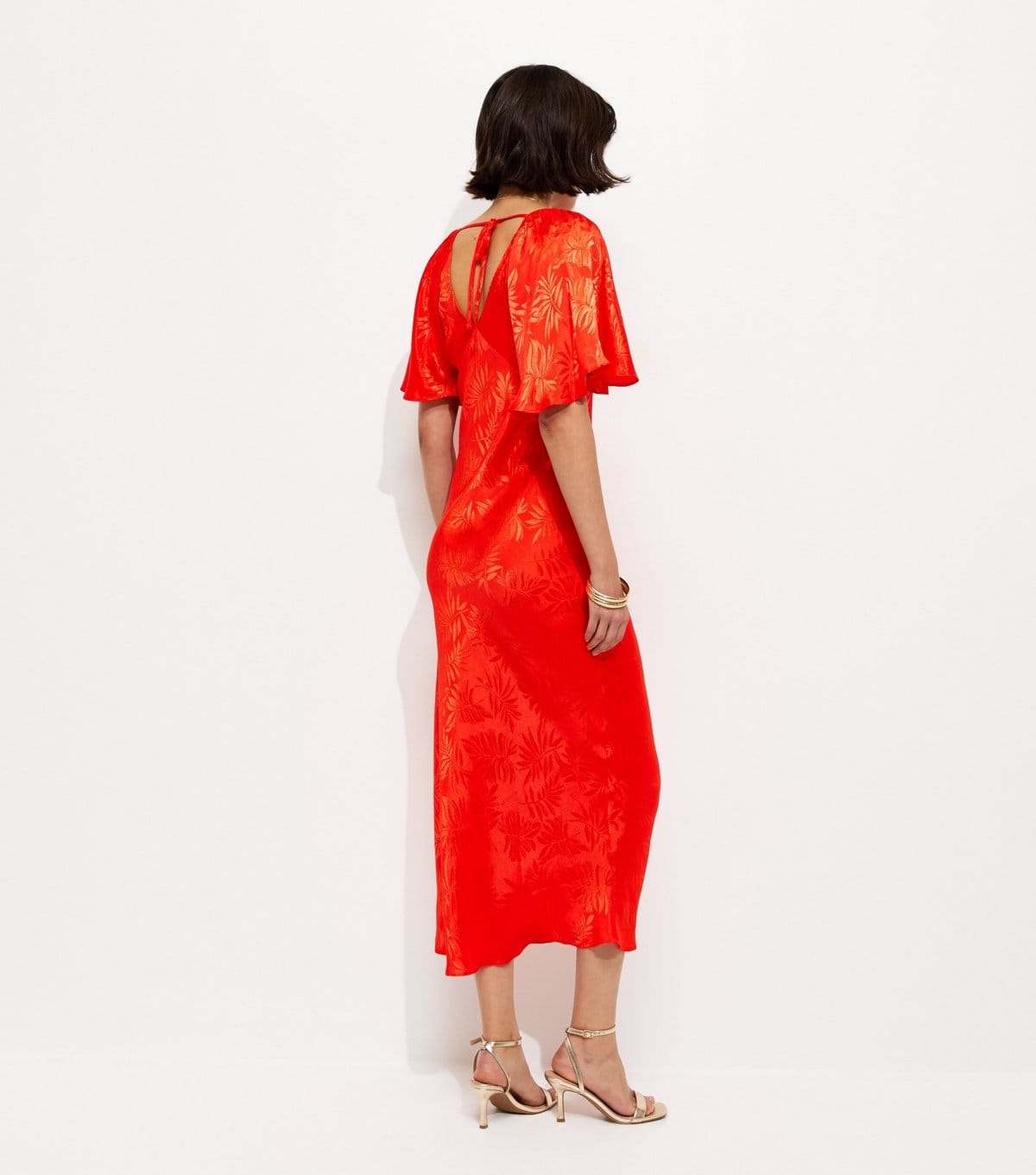 New Look Women's Bright Orange Palm Leaf Jacquard Flutter Sleeve Midi Dress New Look - 4