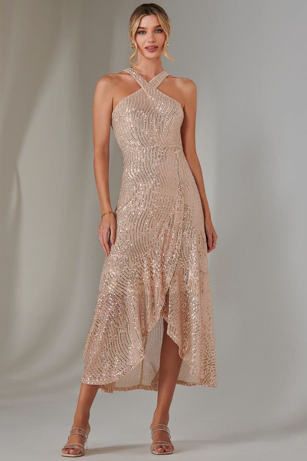 Jolie Moi Jolie Moi Women's Cross Neck Frill Hem Maxi Dress in Rose Gold