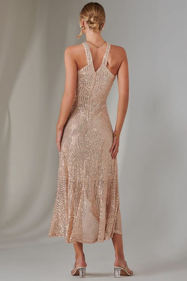 Jolie Moi Jolie Moi Women's Cross Neck Frill Hem Maxi Dress in Rose Gold - 2