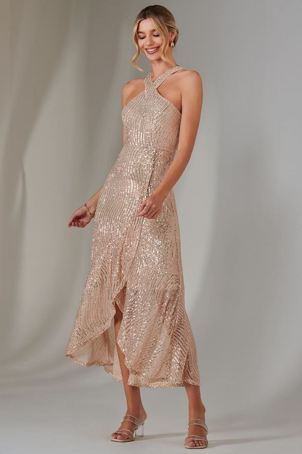 Jolie Moi Jolie Moi Women's Cross Neck Frill Hem Maxi Dress in Rose Gold - 4