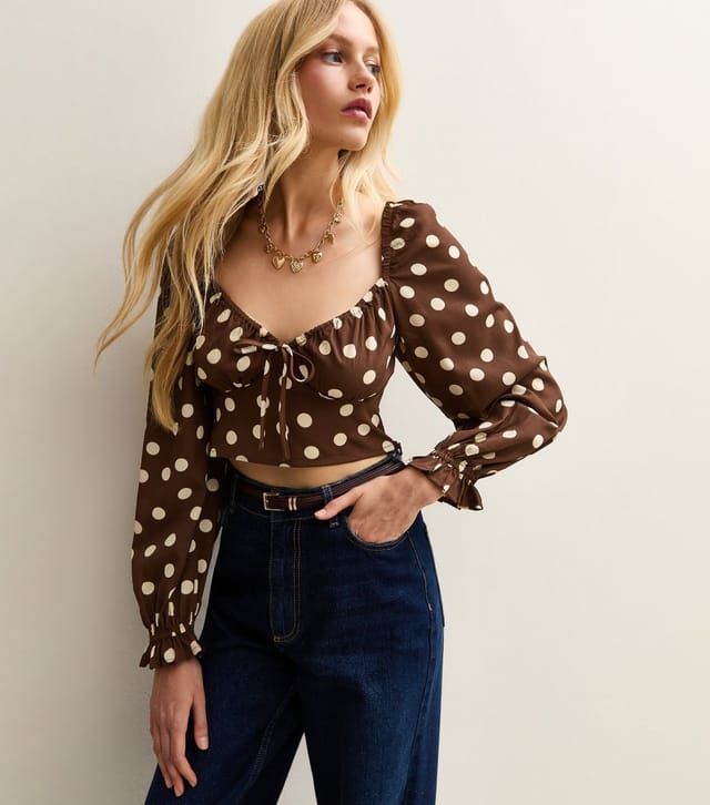 New Look Women's Brown Polka Dot Long Sleeve Milkmaid Top New Look - 2