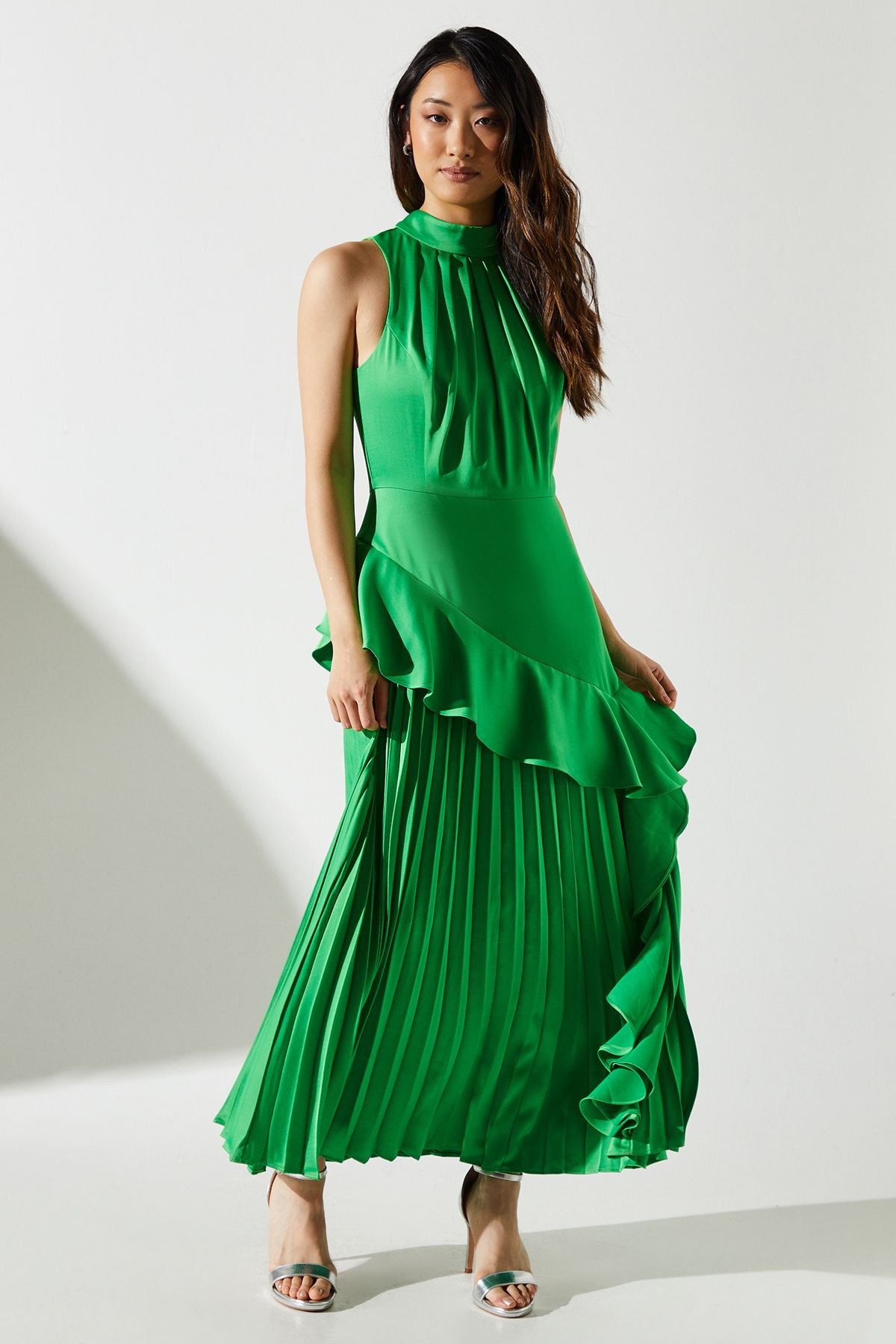 Coast Coast Women's Sleeveless Ruffle Pleat Satin Back Crepe Dress in Green - 2