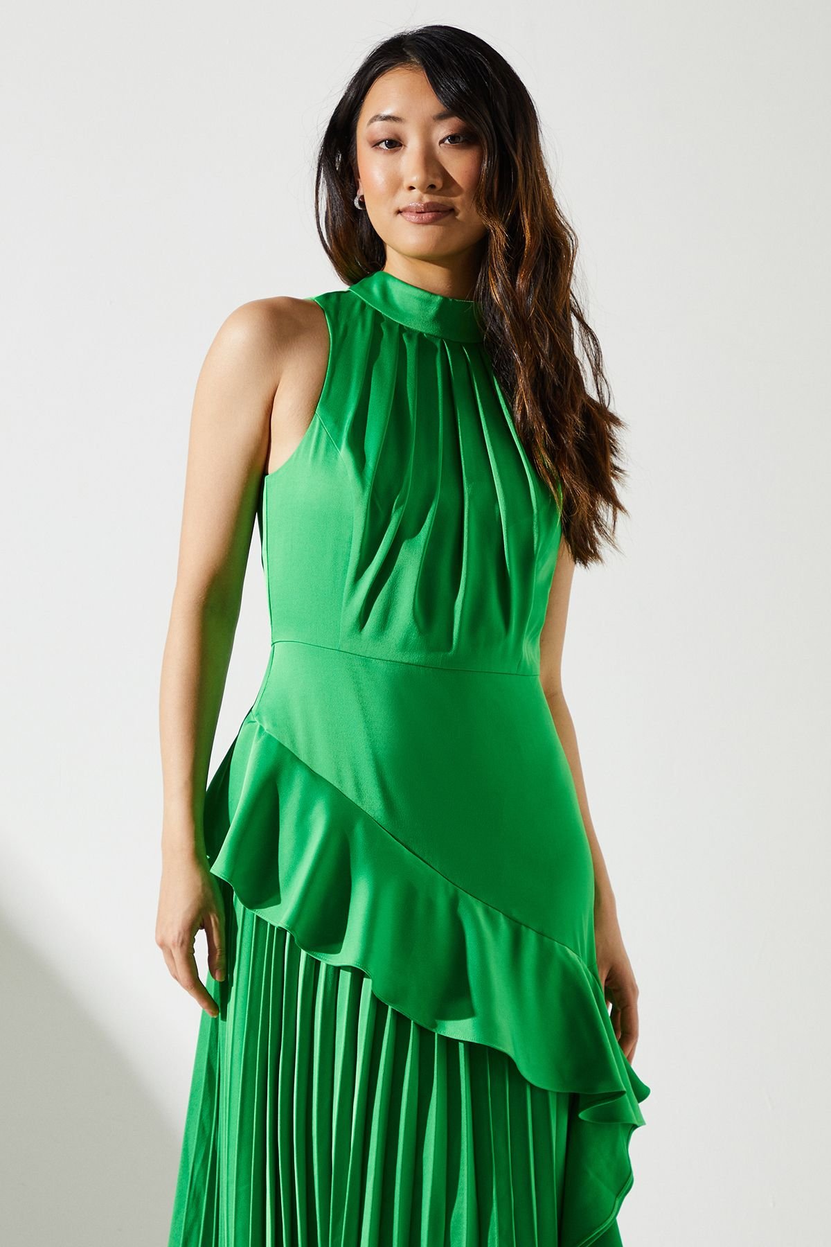 Coast Coast Women's Sleeveless Ruffle Pleat Satin Back Crepe Dress in Green - 4