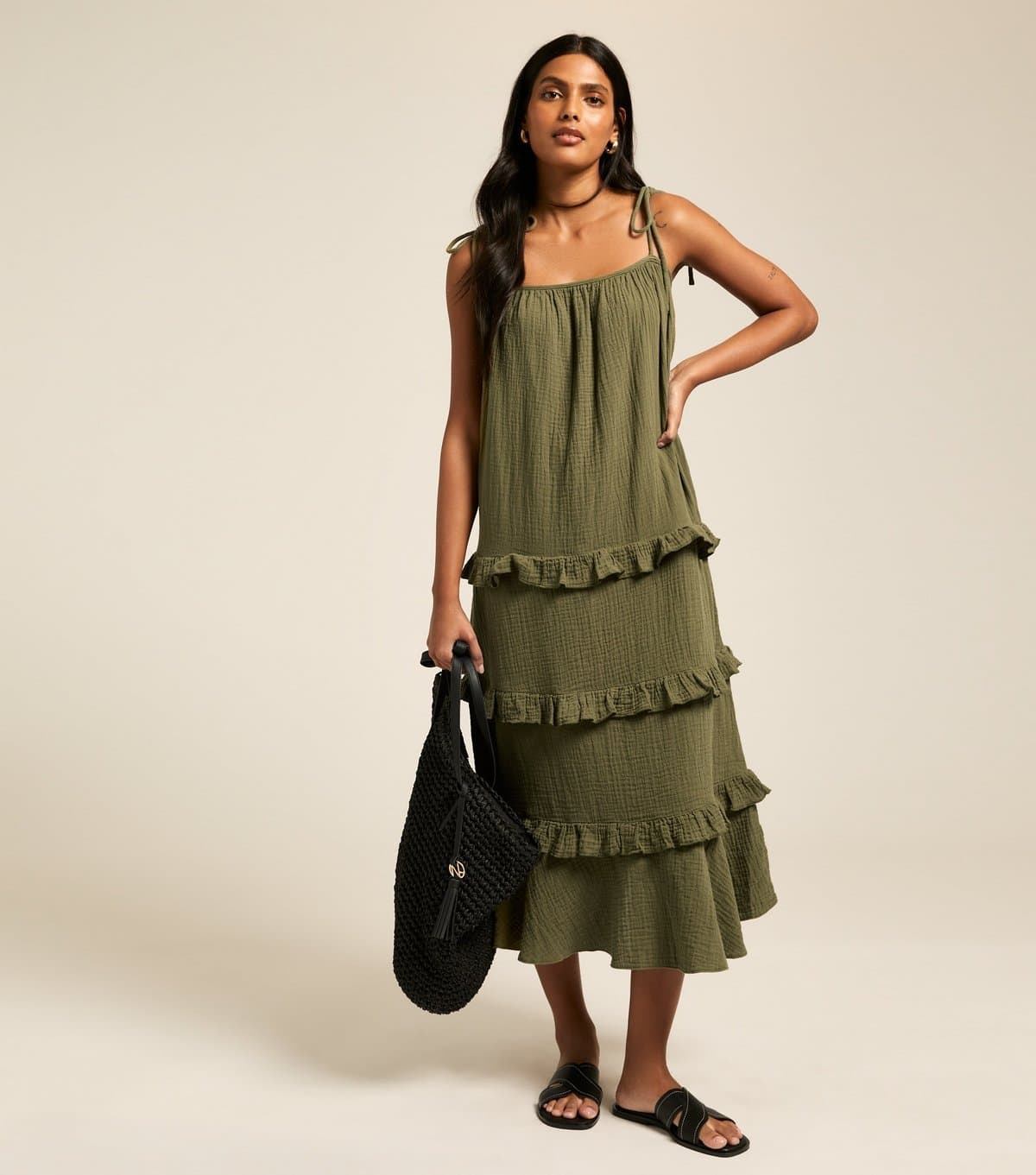 New Look Women's Khaki Crinkled Frilly Trim Midi Dress New Look