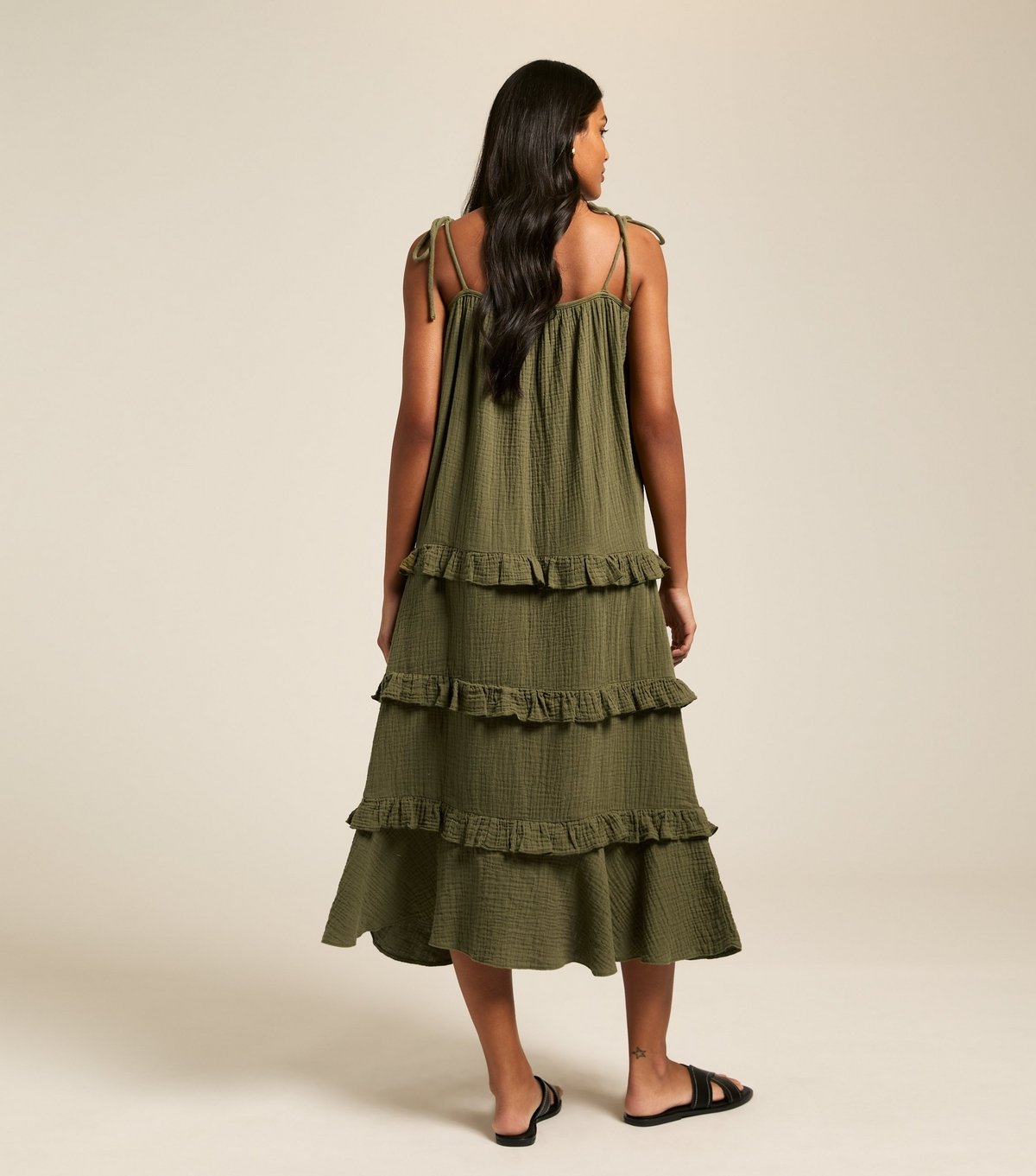 New Look Women's Khaki Crinkled Frilly Trim Midi Dress New Look - 4