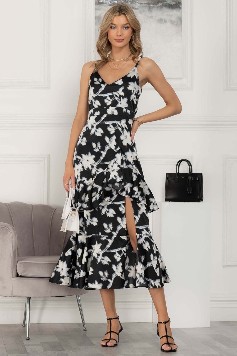 Jolie Moi Jolie Moi Women's Spaghetti Strap Satin Maxi Dress in Black - 4