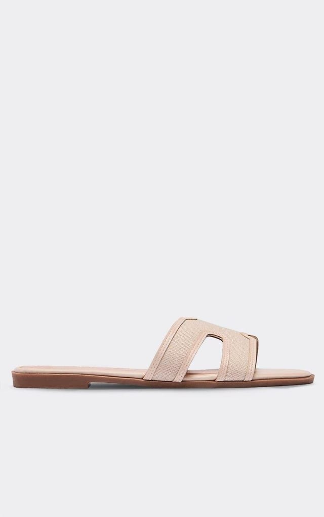 EGO Ines Woven Cut Out Detail Flat Slider Sandal In Beige Faux Leather, Women's Size UK 3 - 2