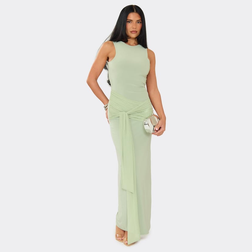 EGO Sleeveless Tie Drape Front Maxi Dress In Sage Green Slinky, Women's Size UK 6 - 1