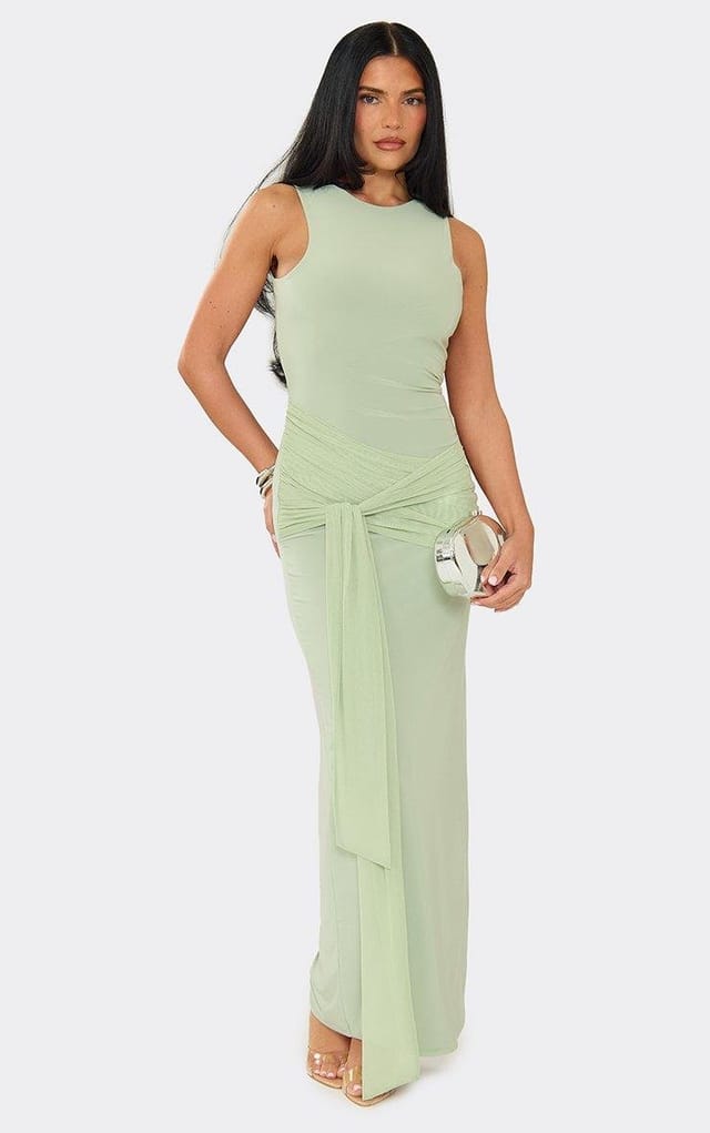 EGO Sleeveless Tie Drape Front Maxi Dress In Sage Green Slinky, Women's Size UK 6 - 2