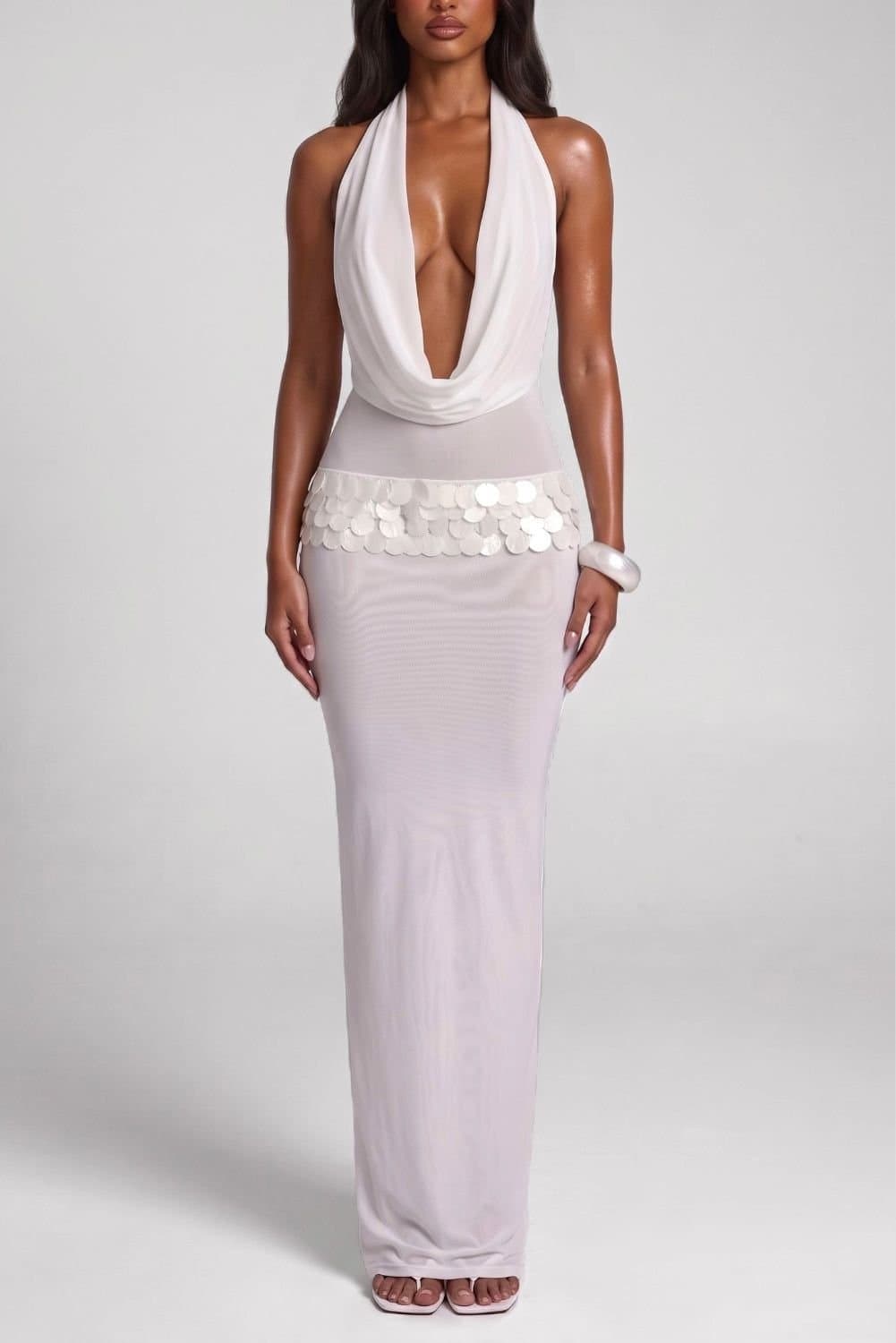 LEMONLUNAR LEMONLUNAR Women's Halter Neck Shell Mesh Maxi Dress Sheer Mesh Maxi Length in White