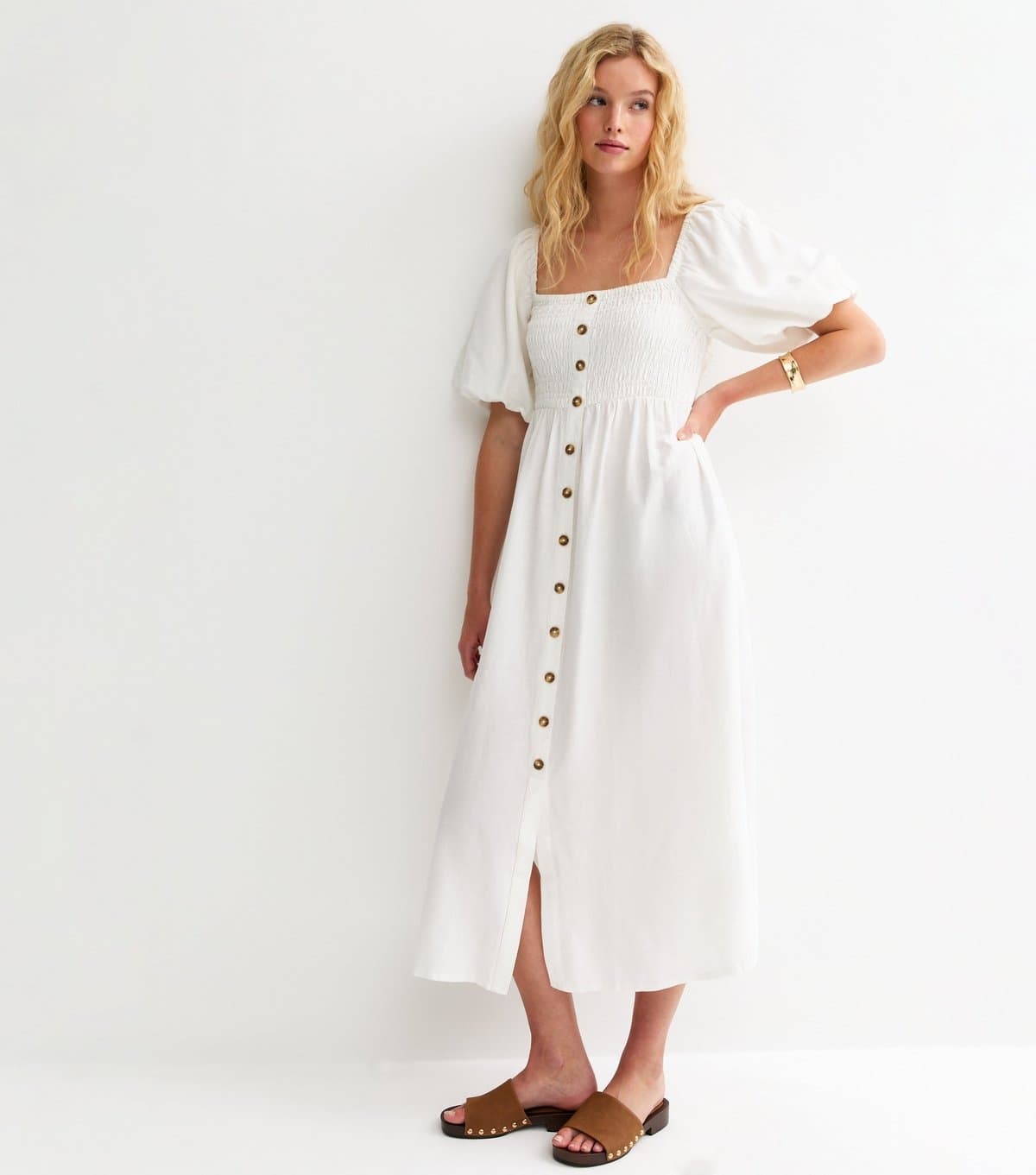 New Look Women's Cream Faux Button Milkmaid Midi Dress New Look