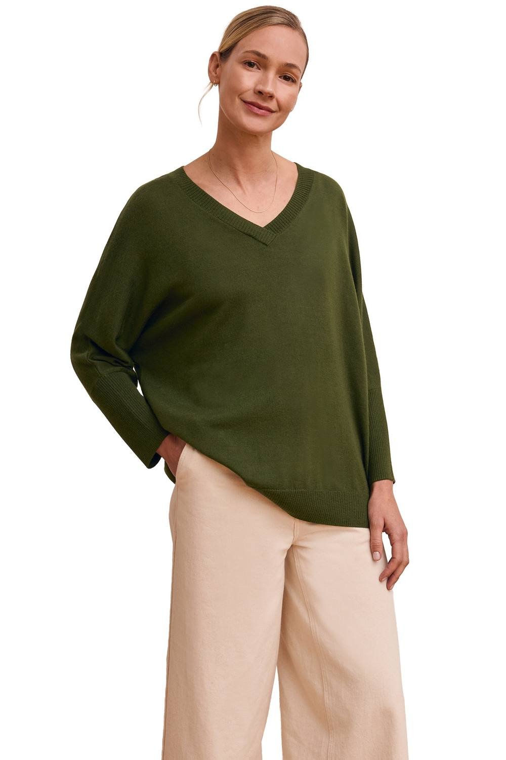 Celtic & Co Celtic & Co Women's Slouchy V-Neck Pure Wool Jumper in Olive - 2