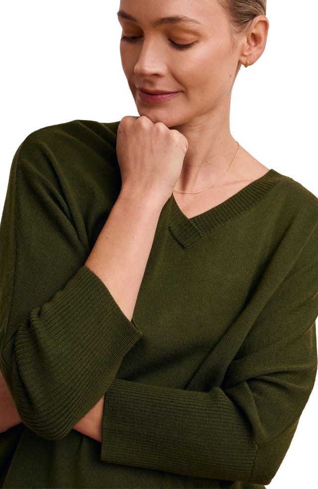 Celtic & Co Celtic & Co Women's Slouchy V-Neck Pure Wool Jumper in Olive - 2