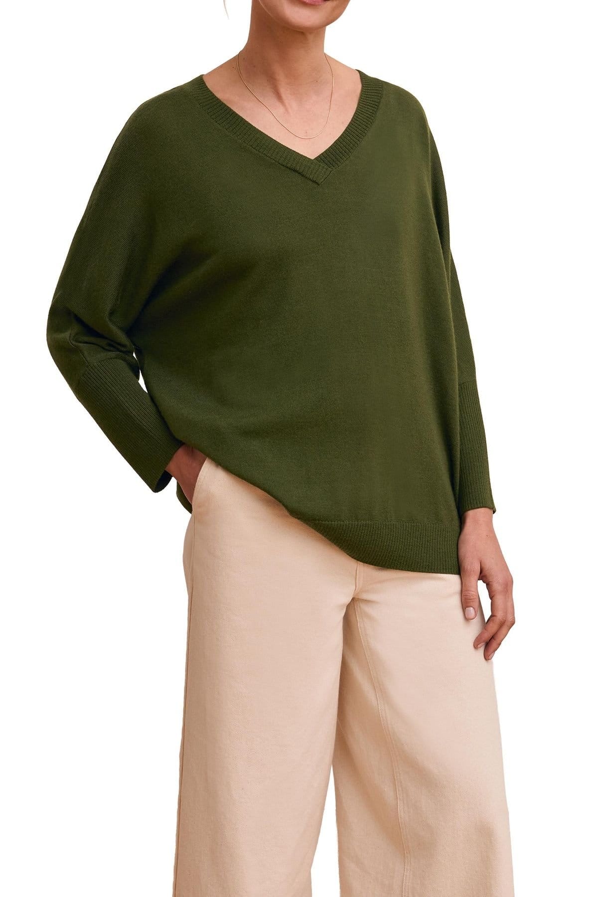 Celtic & Co Celtic & Co Women's Slouchy V-Neck Pure Wool Jumper in Olive - 4