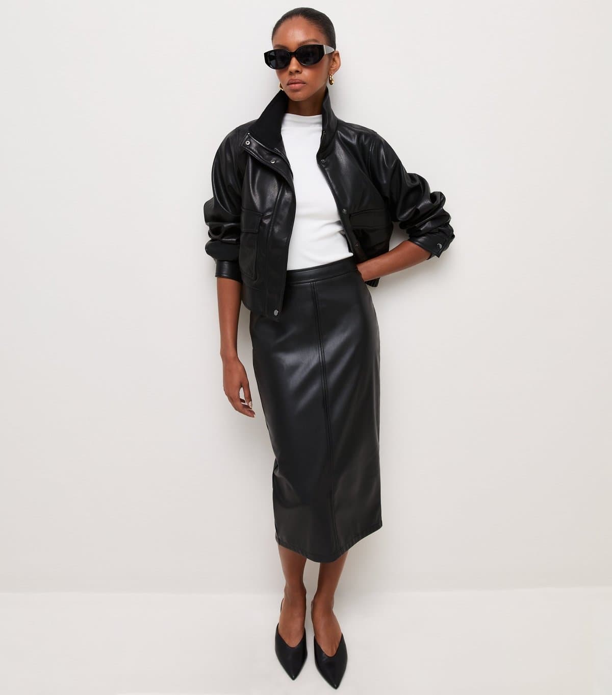 New Look Women's Black Faux Leather Midi Pencil Skirt Vegan New Look