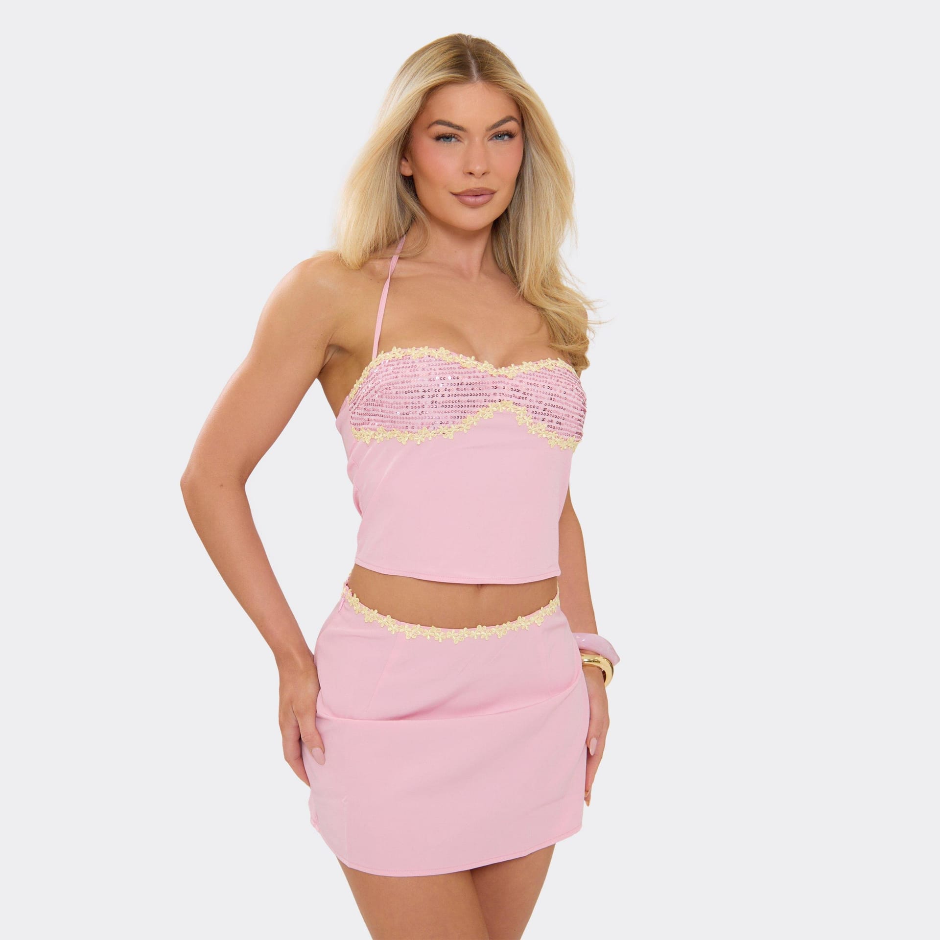 EGO Pink Sequin Halterneck Crop Top