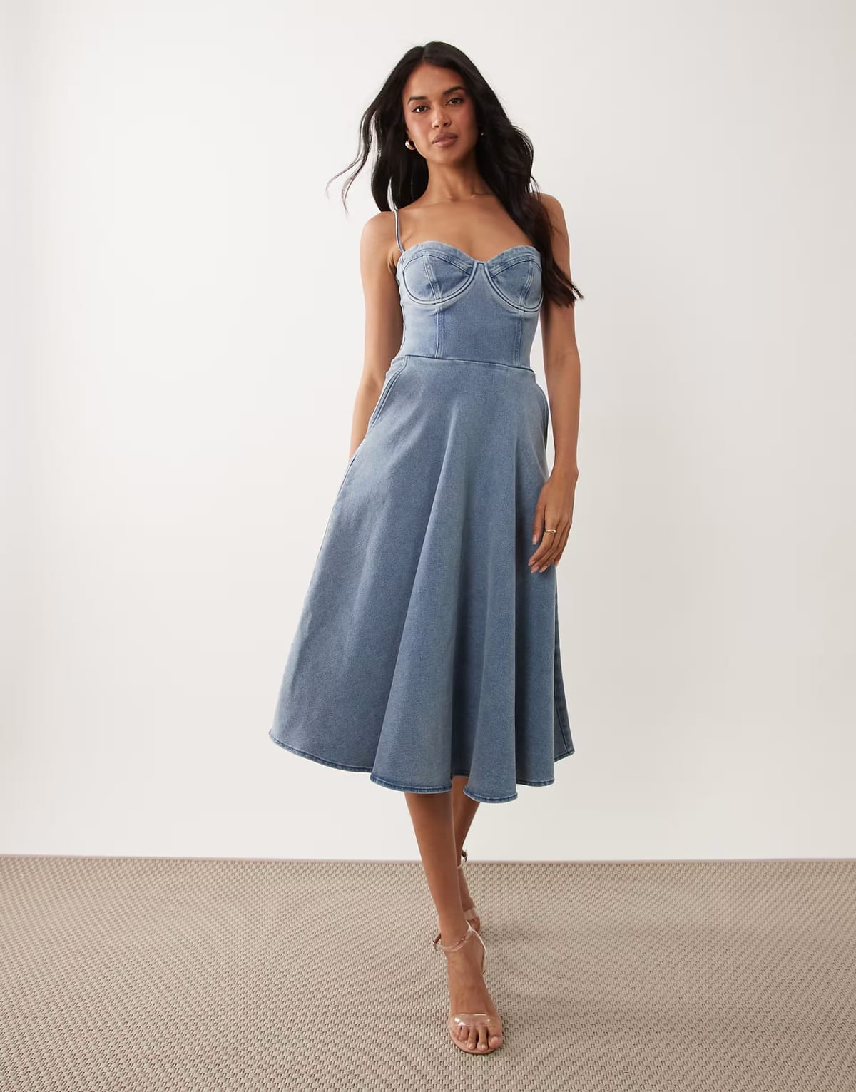 ASOS TFNC stretch denim cami cup detail full skirt midi dress in blue - 1