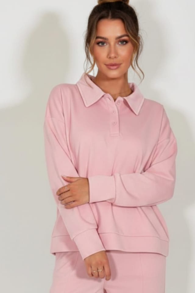 STYLEWISE STYLEWISE Women's Rugby Top & Straight Leg Trouser Co-ord Set - Interlock - Two Piece in Pink - 2