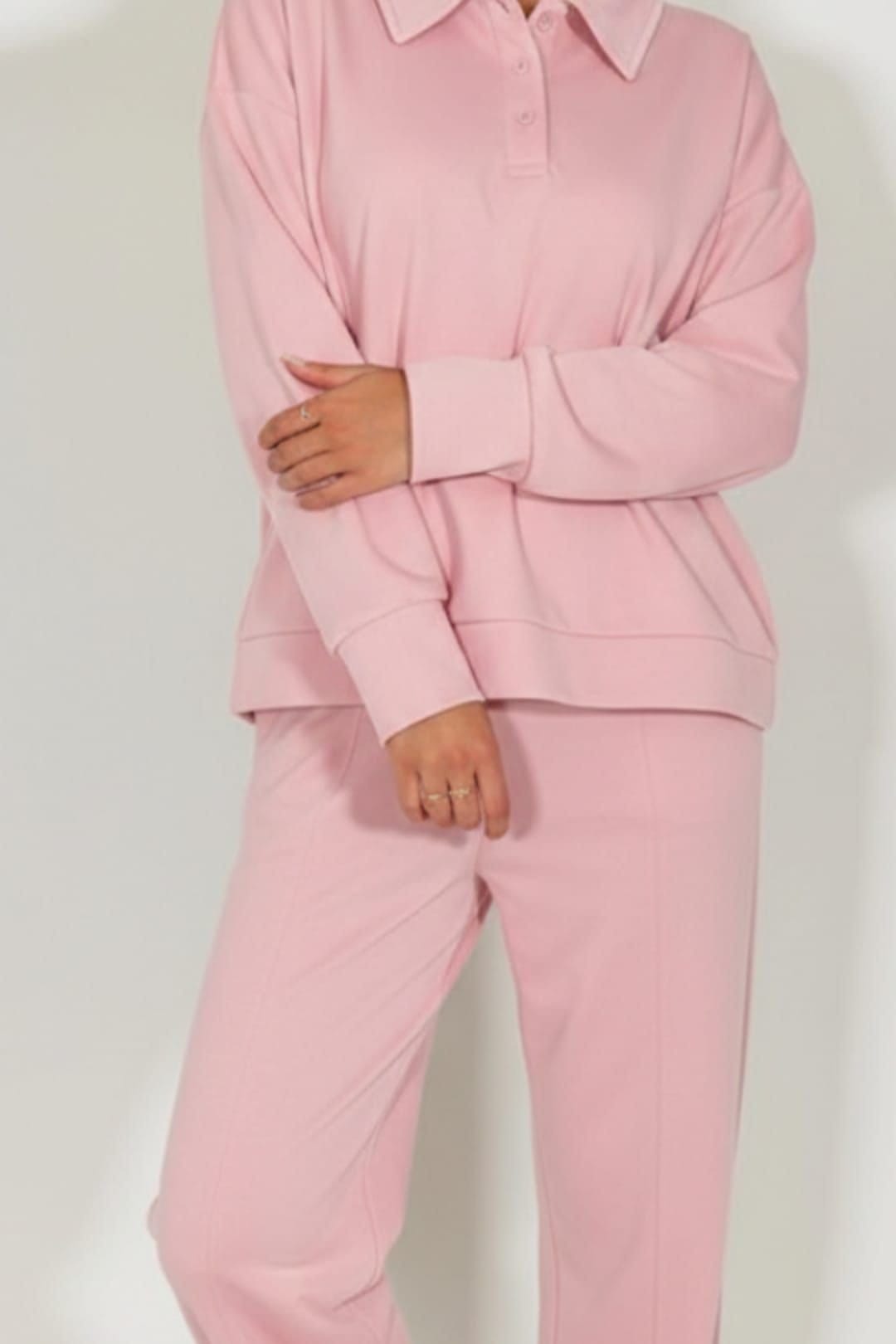STYLEWISE STYLEWISE Women's Rugby Top & Straight Leg Trouser Co-ord Set - Interlock - Two Piece in Pink - 4
