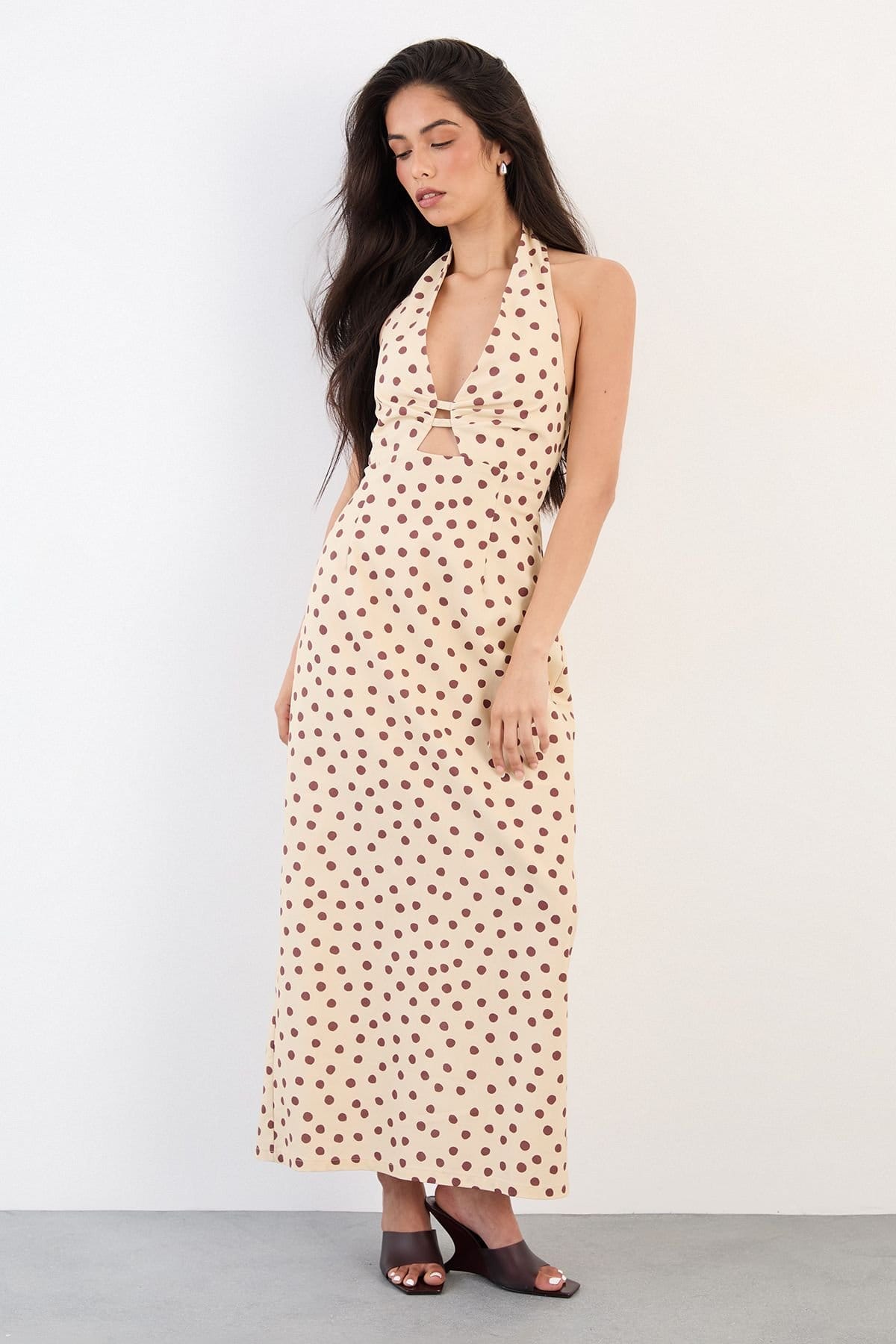 Warehouse Cream Polkadot Halterneck Midi Dress