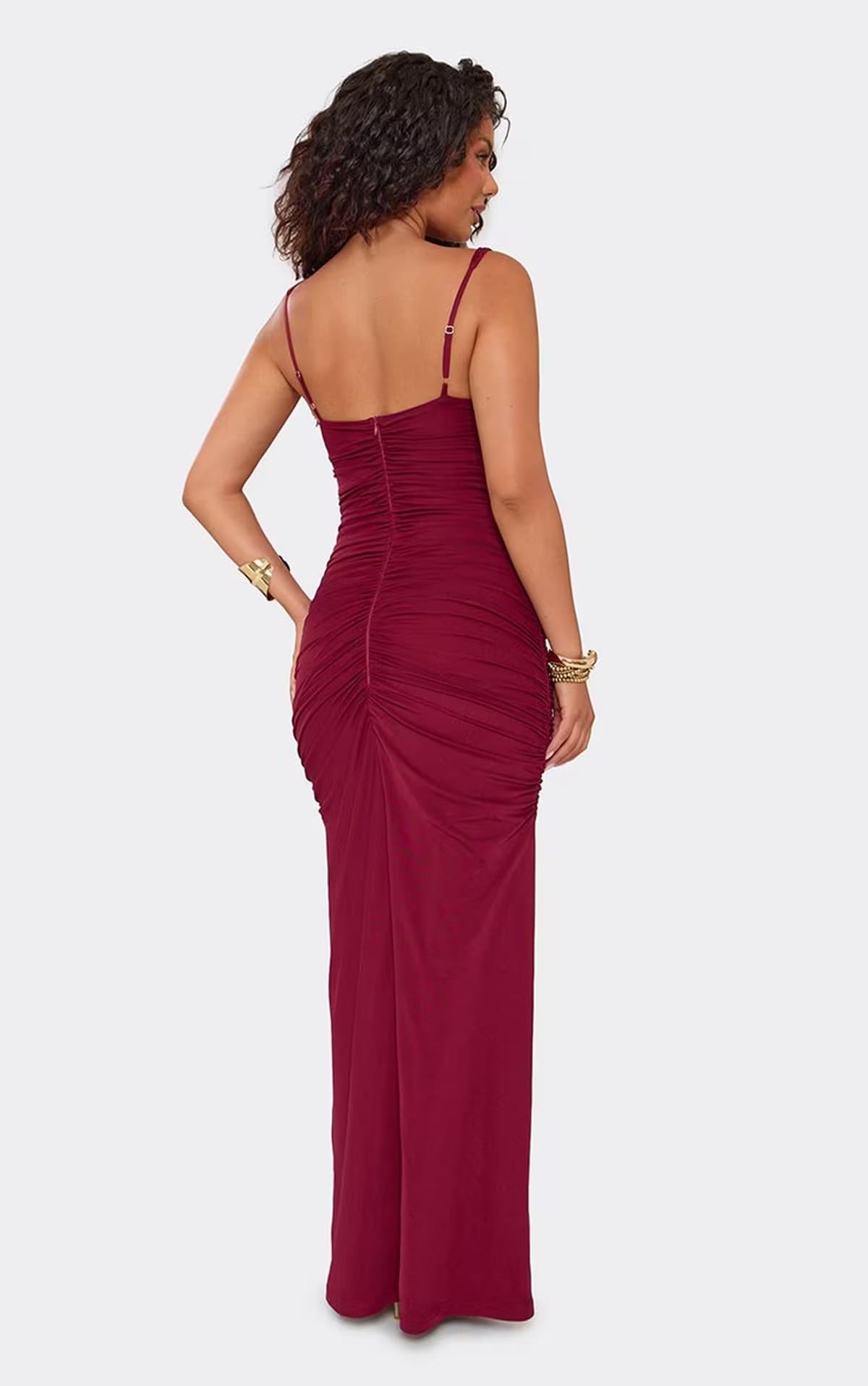 EGO Plunge Neck Lace Cop Detail Ruched Side Split Maxi Dress In Burgundy, Women's Size UK 6