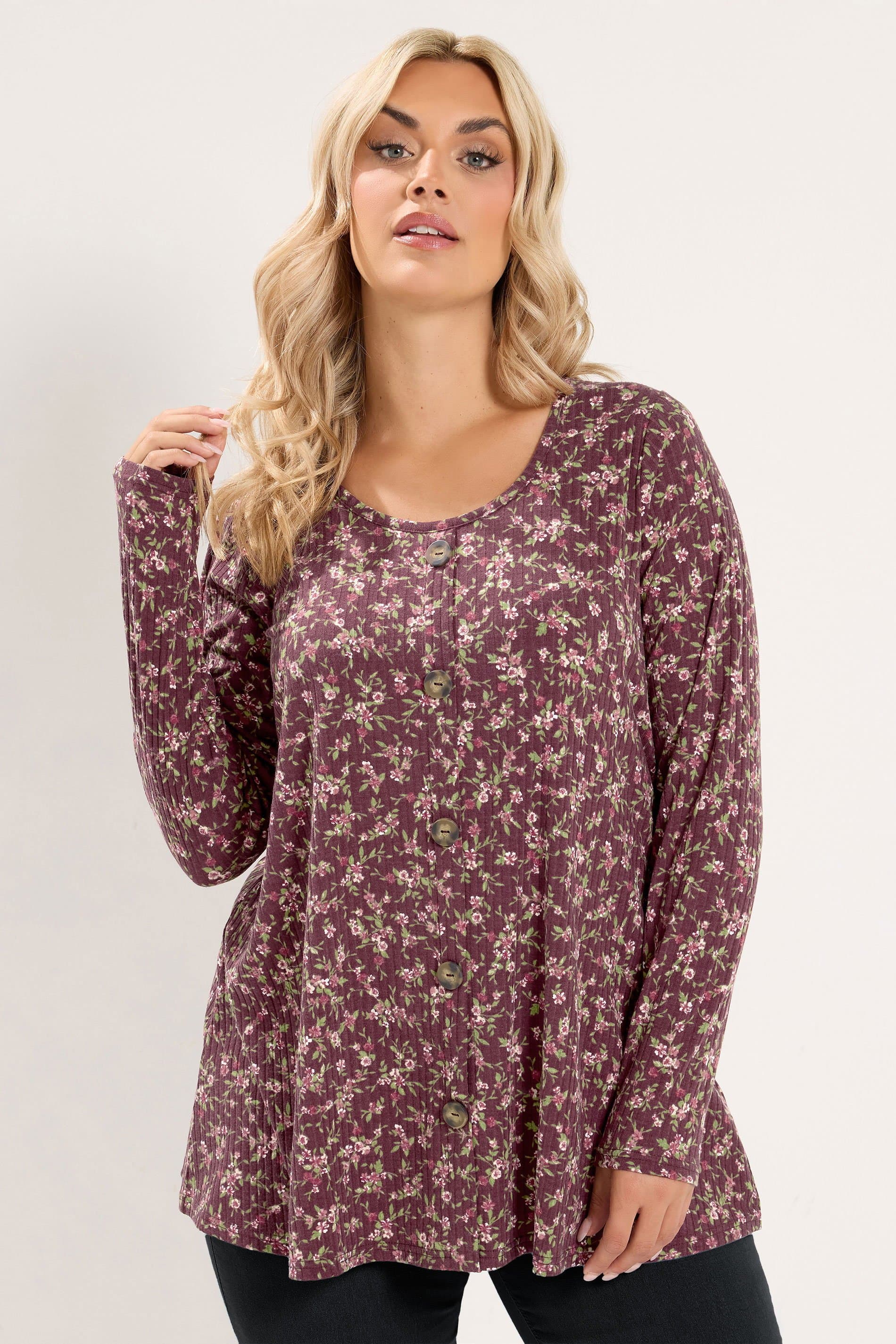 Yours Plus Size Burgundy Red Floral Ribbed Button Top