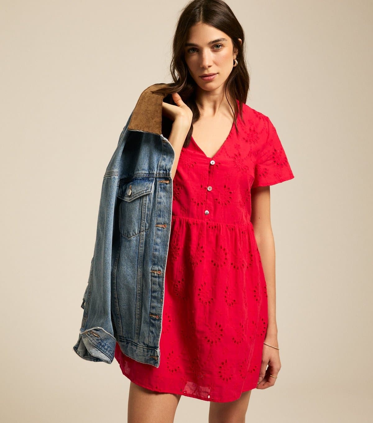 New Look Women's Bright Red Broderie Anglaise Smock Mini Dress New Look