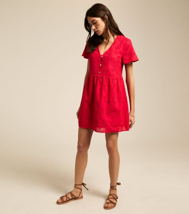New Look Women's Bright Red Broderie Anglaise Smock Mini Dress New Look - 3