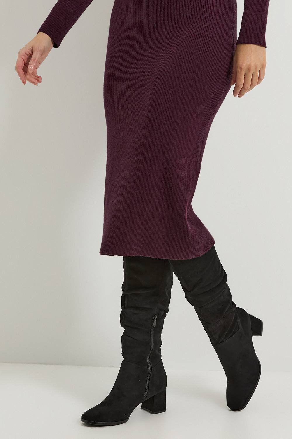 Dorothy Perkins Dorothy Perkins Women's Carla Faux Suede Ruche Medium Block Heel Knee Boots in Natural Black - 2