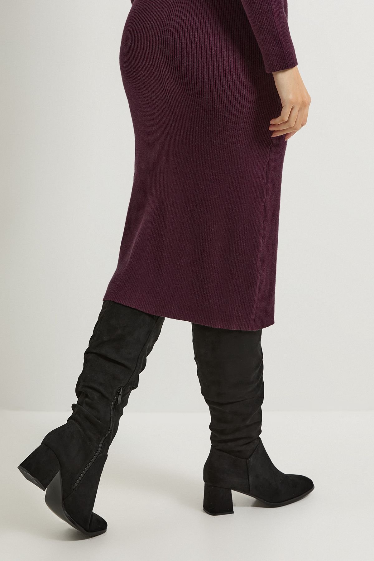 Dorothy Perkins Dorothy Perkins Women's Carla Faux Suede Ruche Medium Block Heel Knee Boots in Natural Black - 3