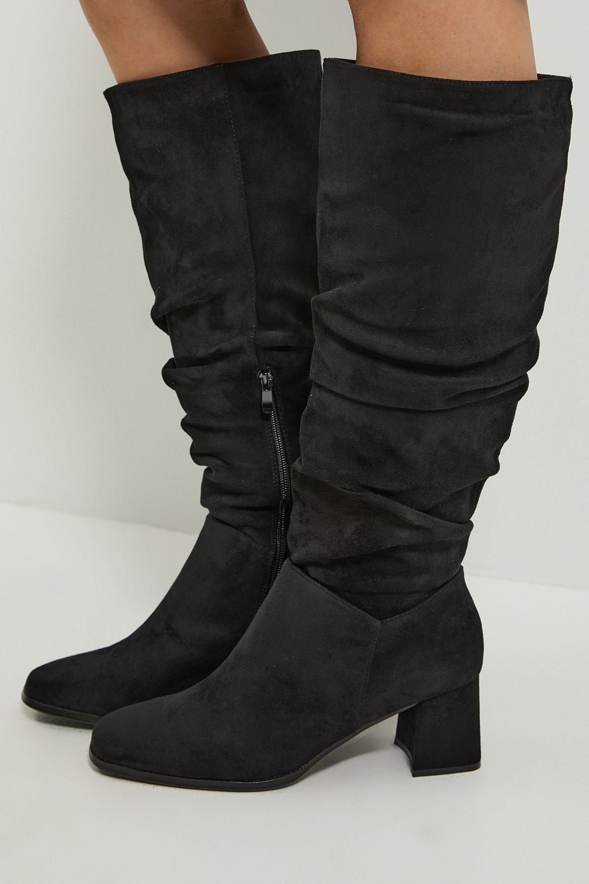 Dorothy Perkins Dorothy Perkins Women's Carla Faux Suede Ruche Medium Block Heel Knee Boots in Natural Black - 4