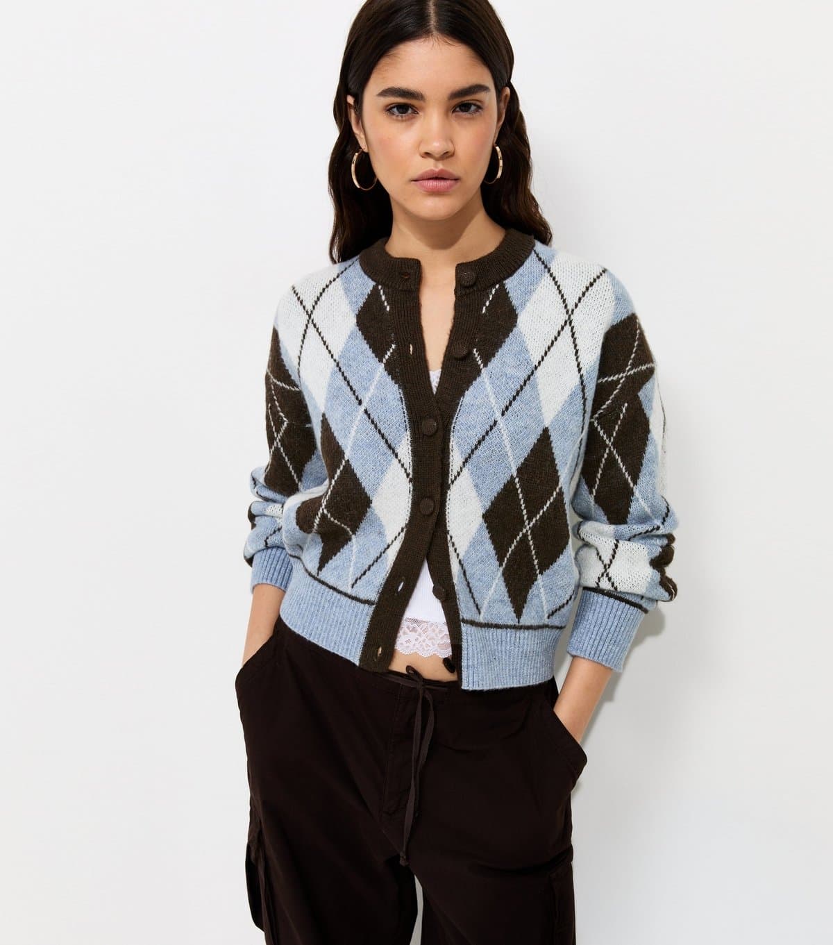 New Look Women's Blue Argyle Crew Neck Cardigan New Look