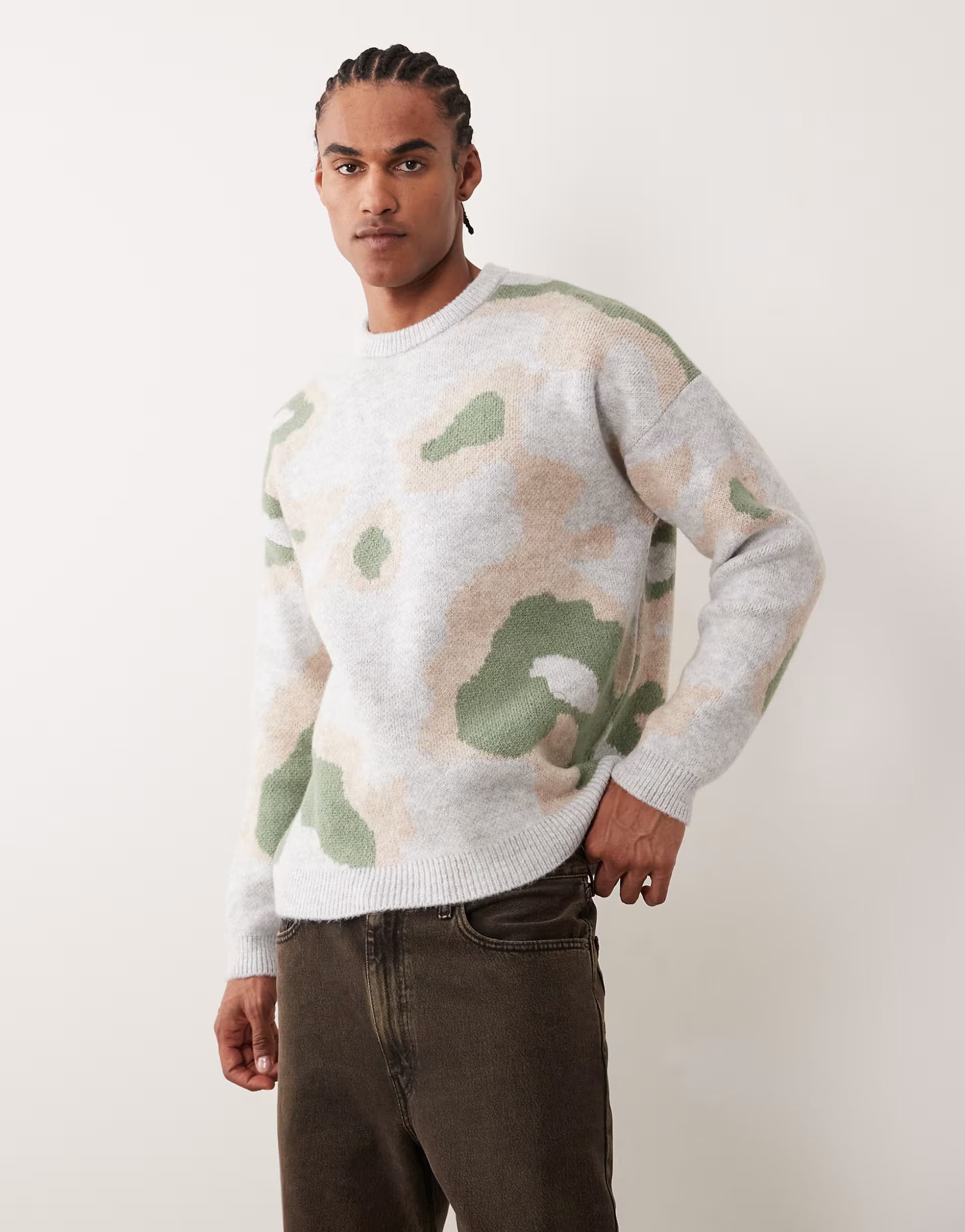 ASOS ASOS DESIGN oversized knitted  crew neck jumper with abstract print in beige 
