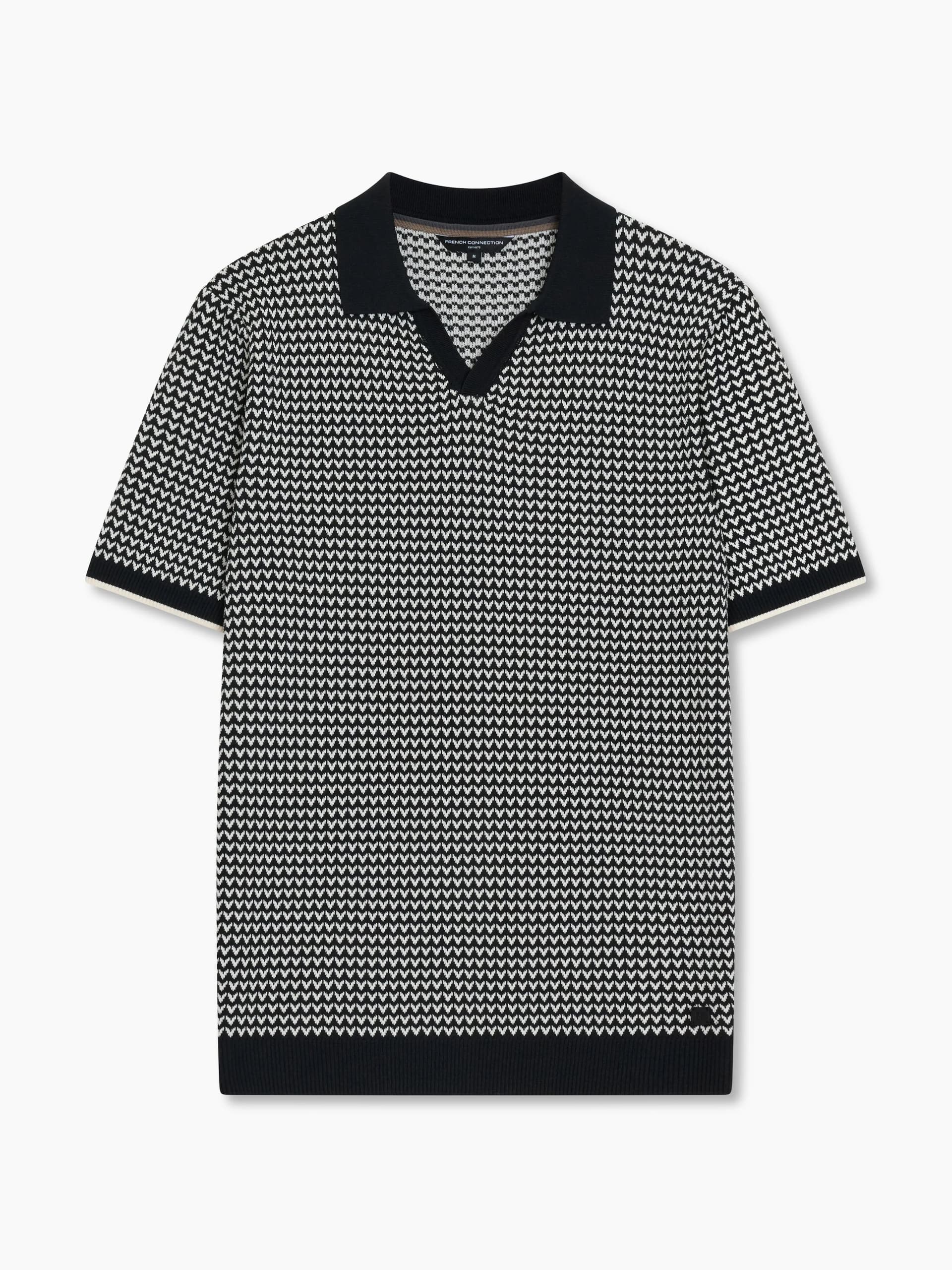 French Connection Short Sleeve Black and White Jacquard Knit Polo Shirt Black/Ecru