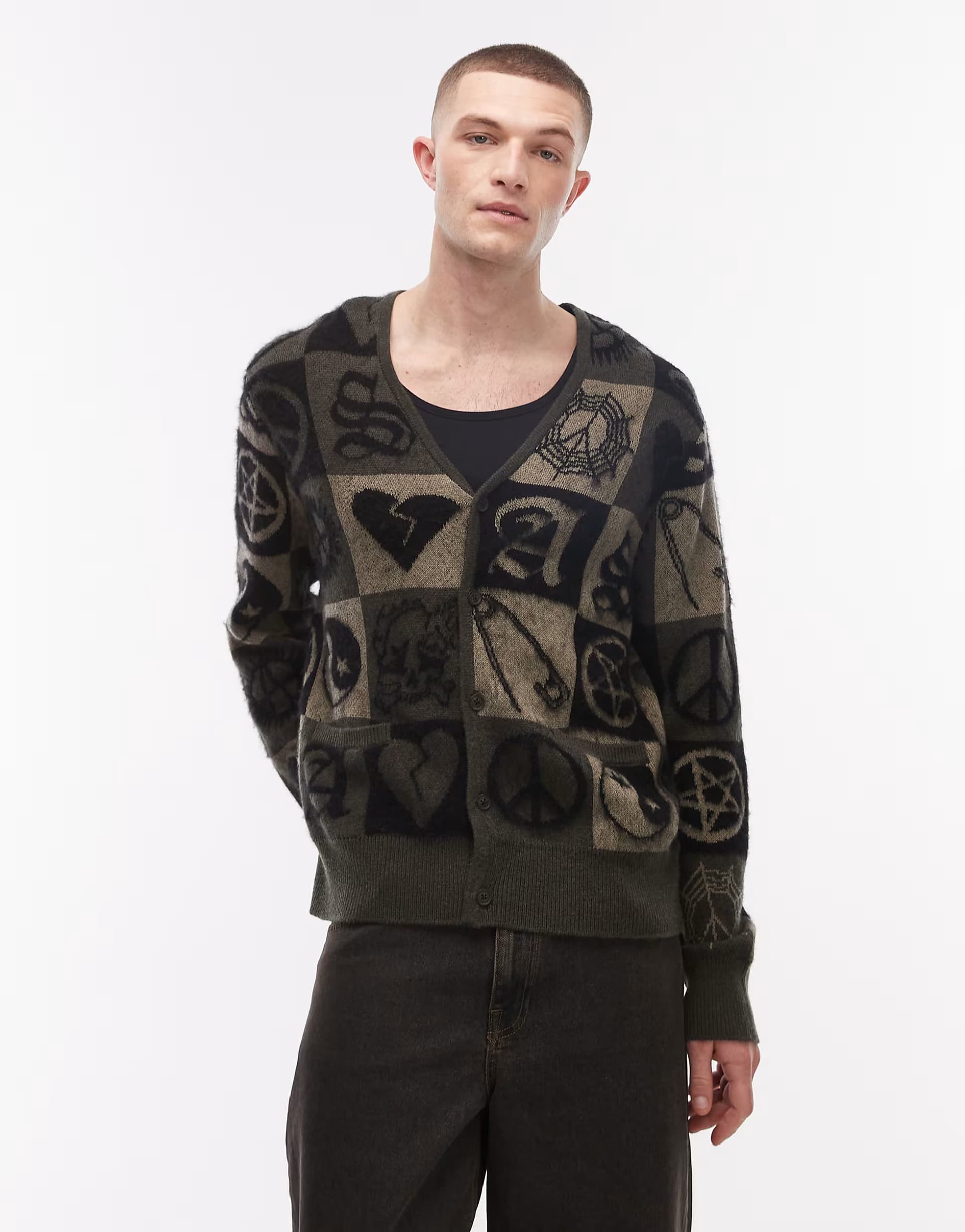 ASOS AllSaints Travis peace graphic logo knit cardigan in olive green