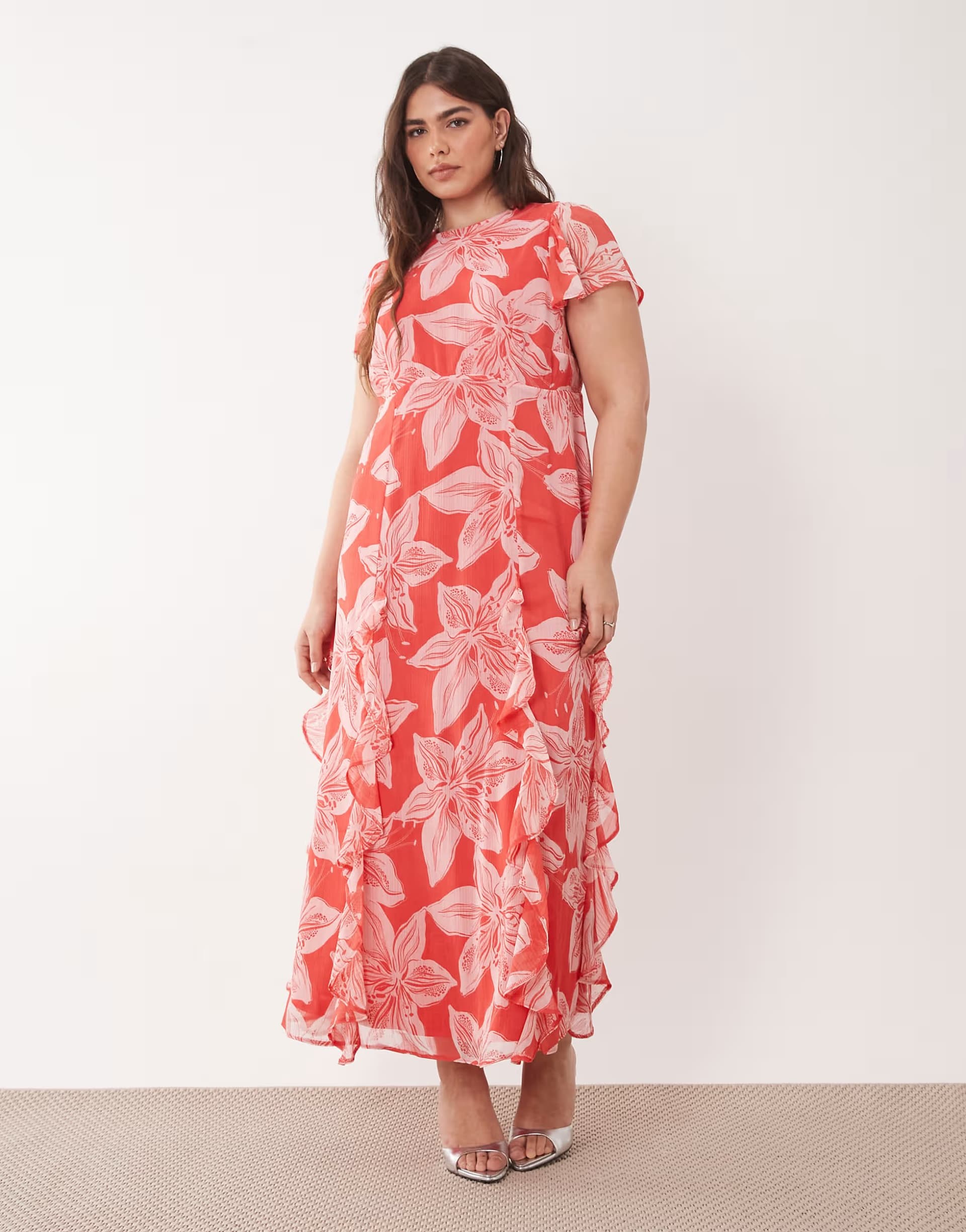 ASOS New Look Curve floral print godet chiffon midi dress in pink