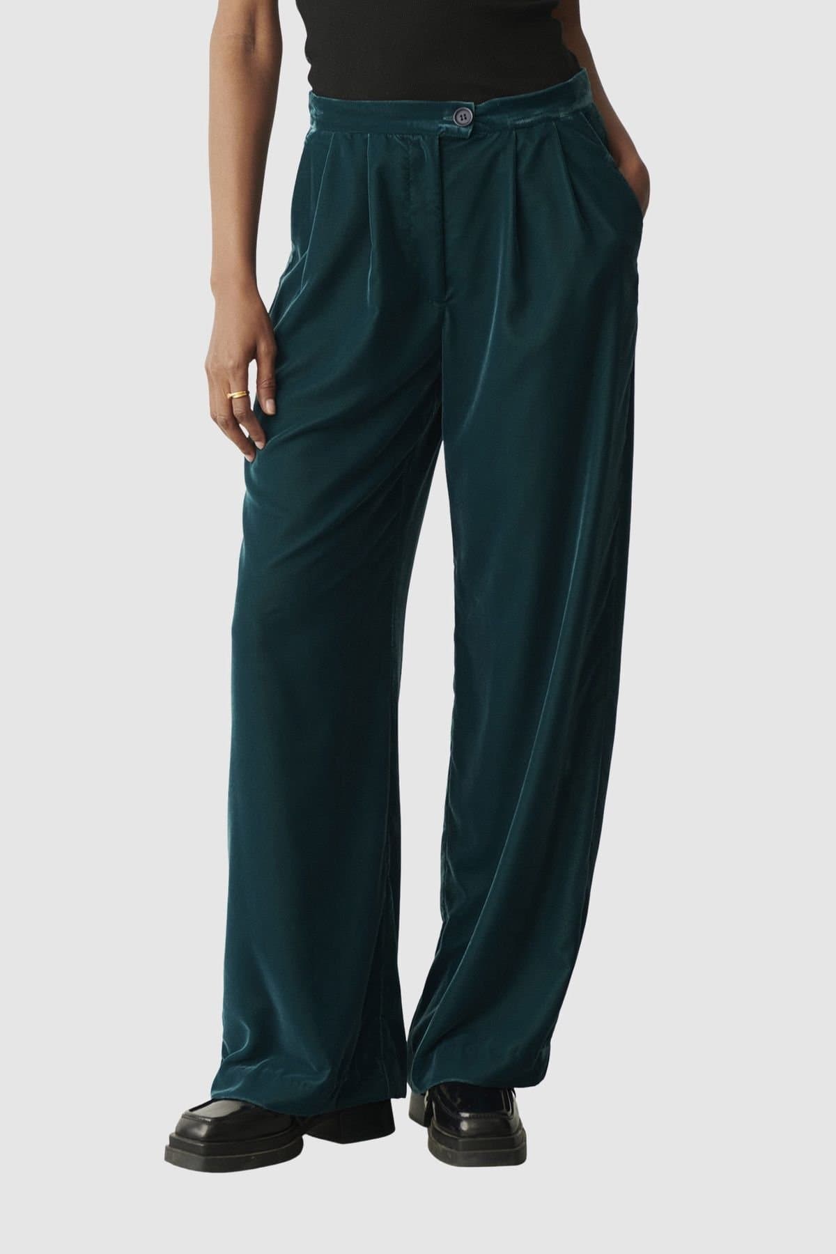 Finery London Finery London Teal Velvet Wide Leg Trousers