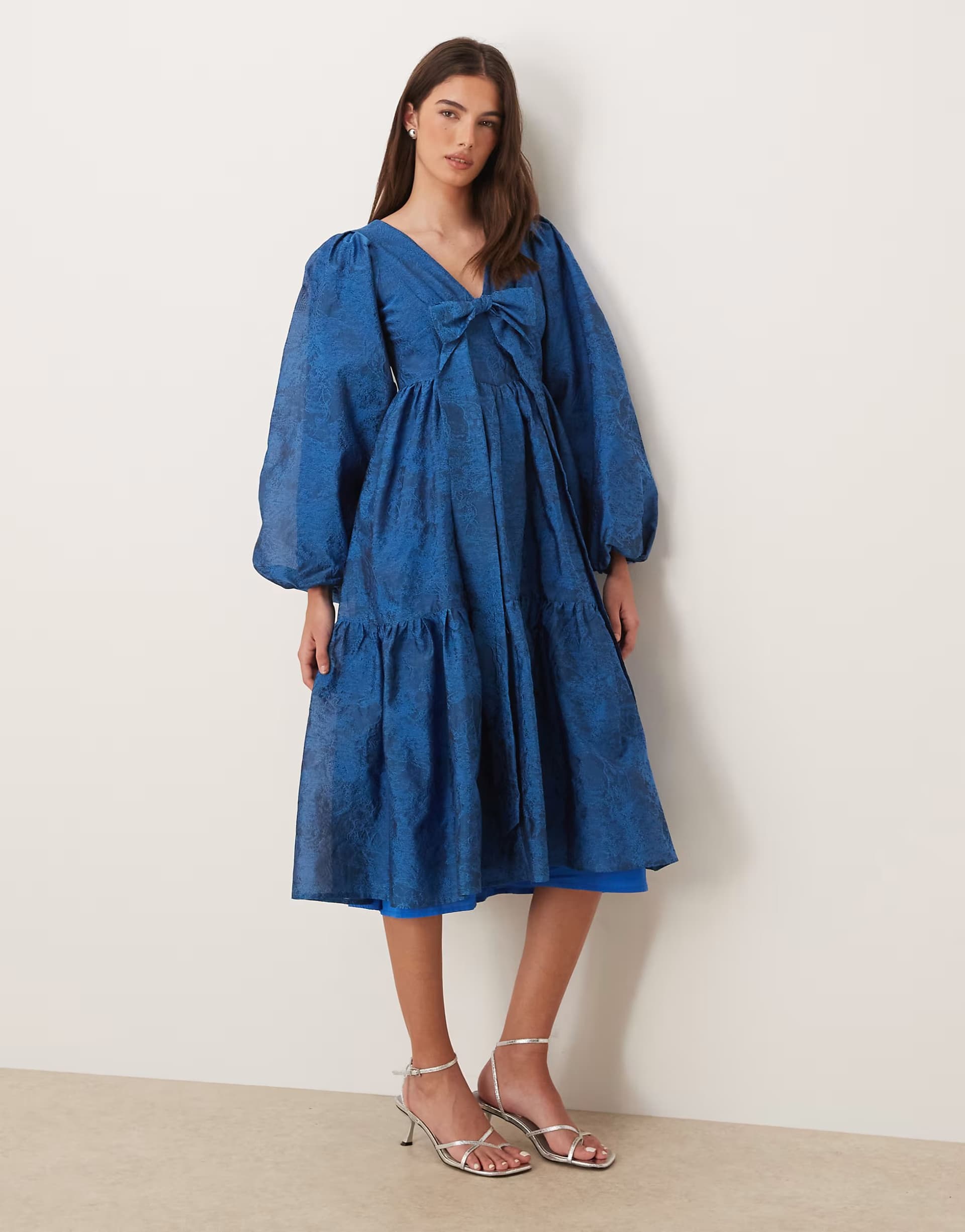 ASOS Sister Jane Sunrise exclusive jacquard balloon sleeve v neck bow detail midi dress in blue