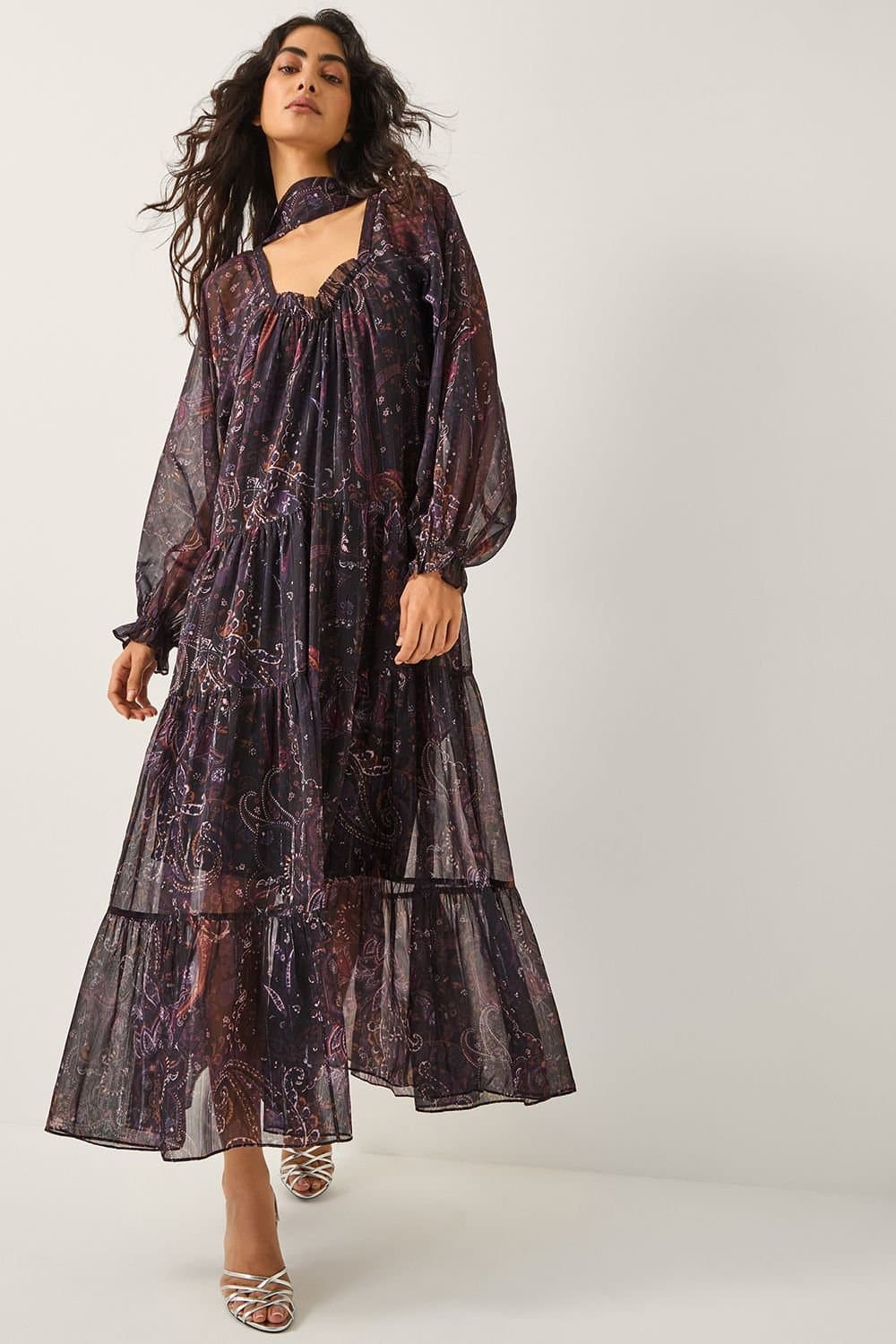 Monsoon Monsoon Women's Marianna Paisley Print Tiered Midi Dress Purple