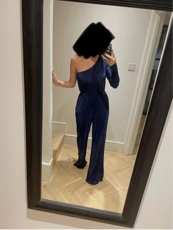 ASOS ASOS plisse navy blue one shoulder jumpsuit size 10