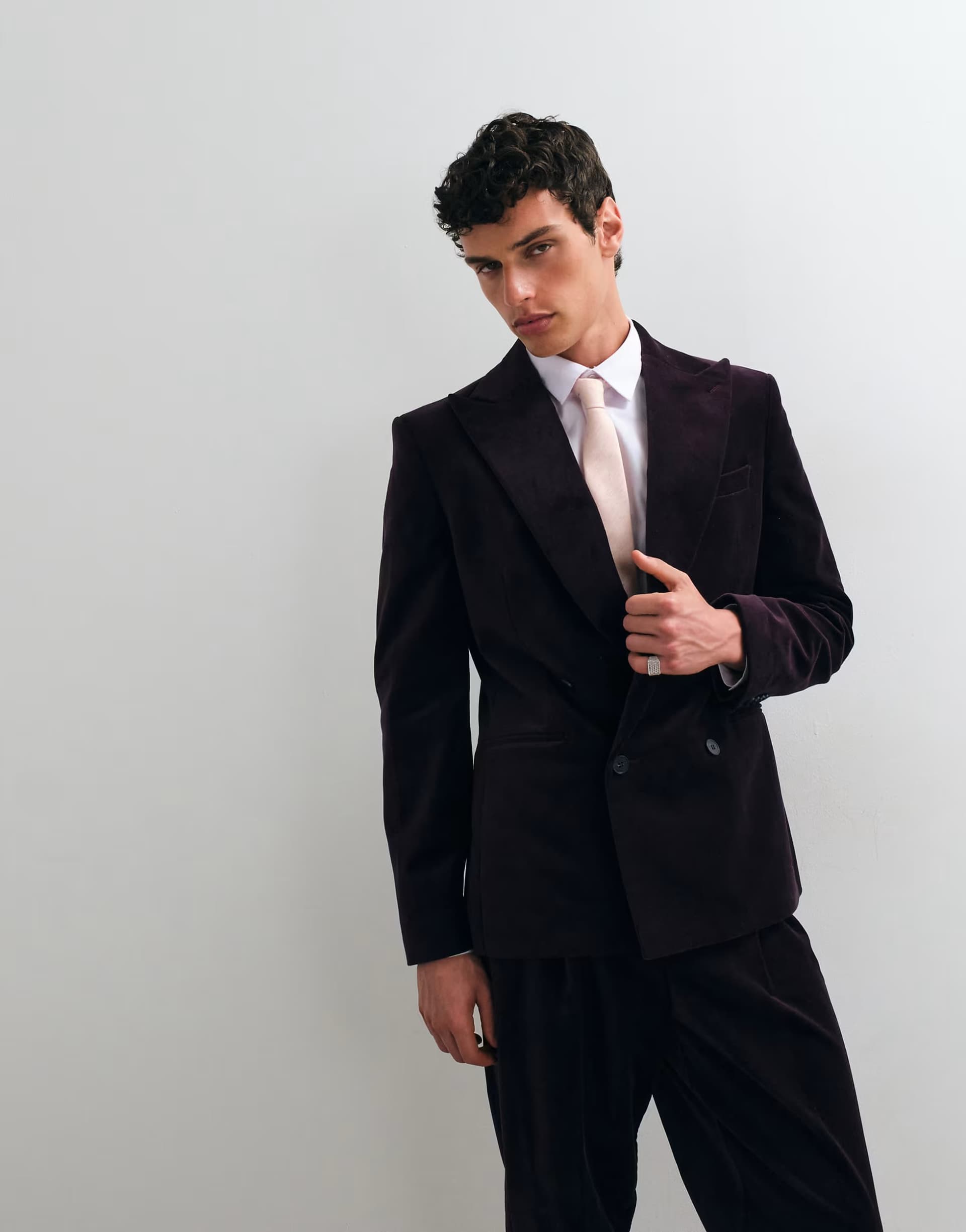 ASOS ASOS DESIGN slim double breasted suit jacket in dark purple cotton velvet