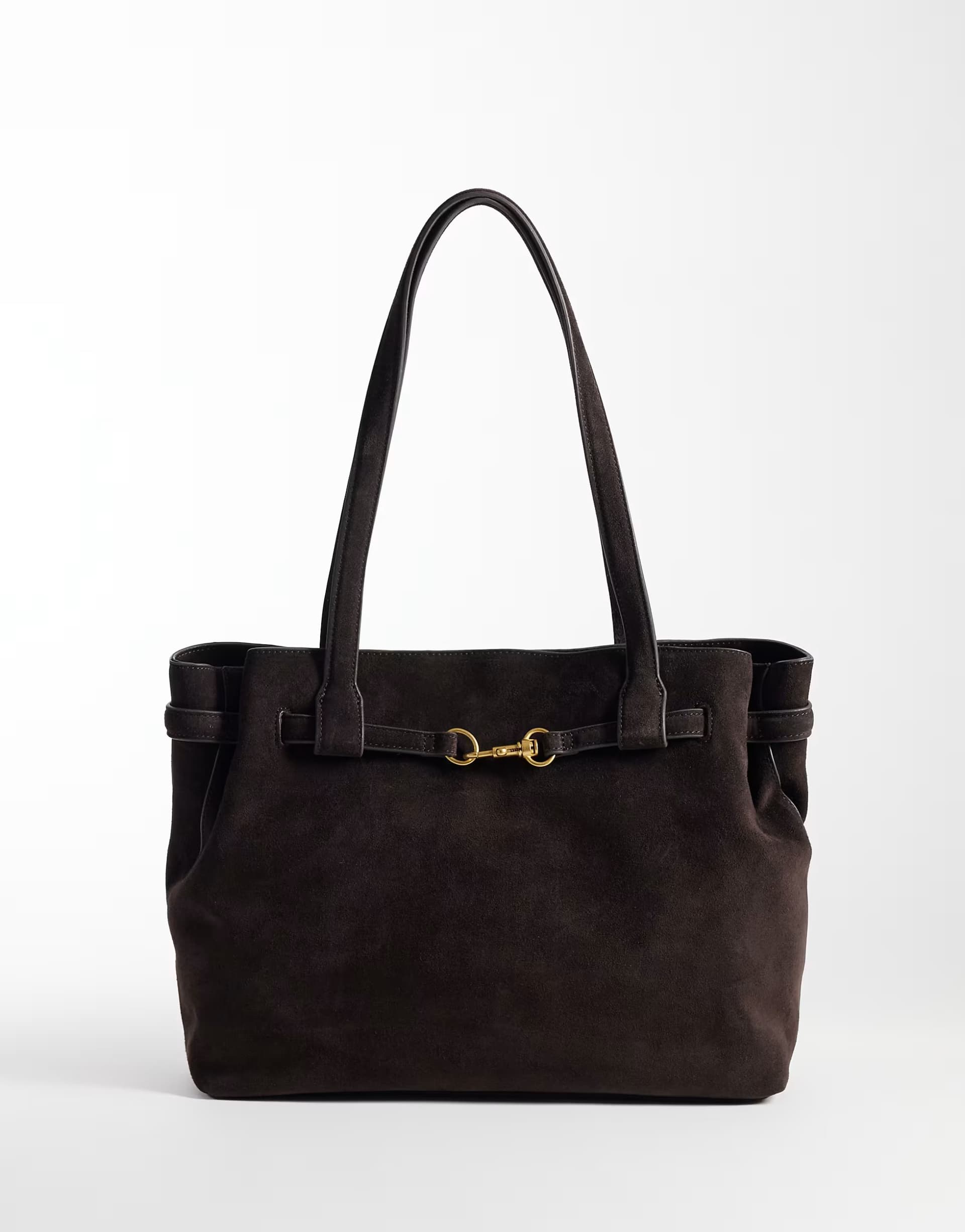 ASOS Mango 100% leather suede tote bag with buckle detail in brown 