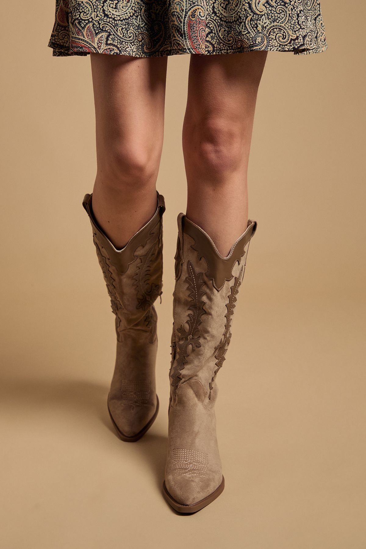 Oasis Oasis Women's Jessie Faux Suede & Leather Western Cowboy Calf Boots in Beige - 2