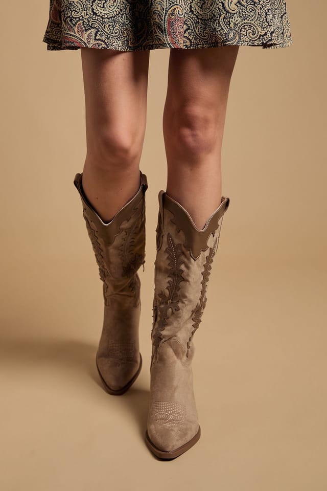 Oasis Oasis Women's Jessie Faux Suede & Leather Western Cowboy Calf Boots in Beige - 2