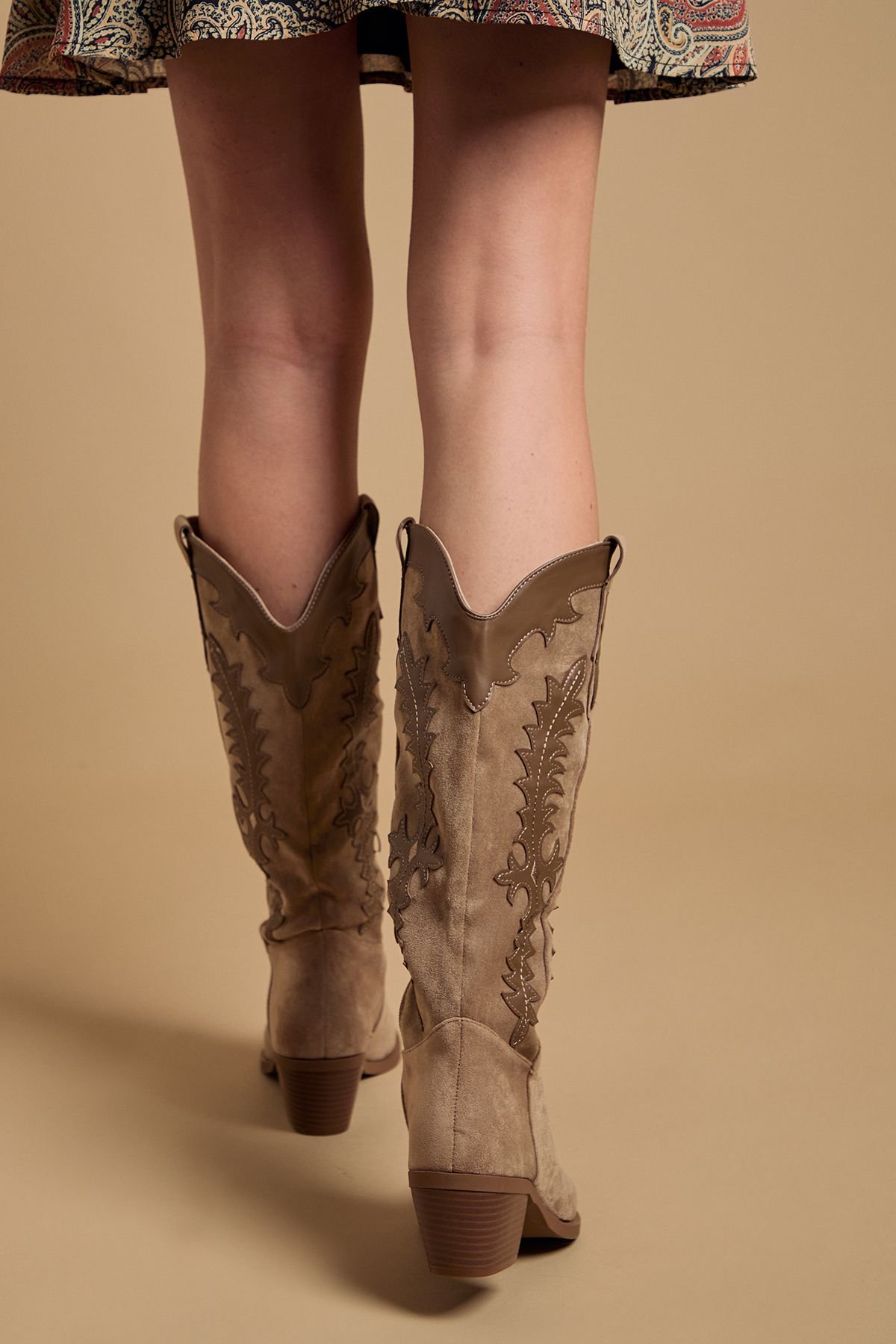 Oasis Oasis Women's Jessie Faux Suede & Leather Western Cowboy Calf Boots in Beige - 3