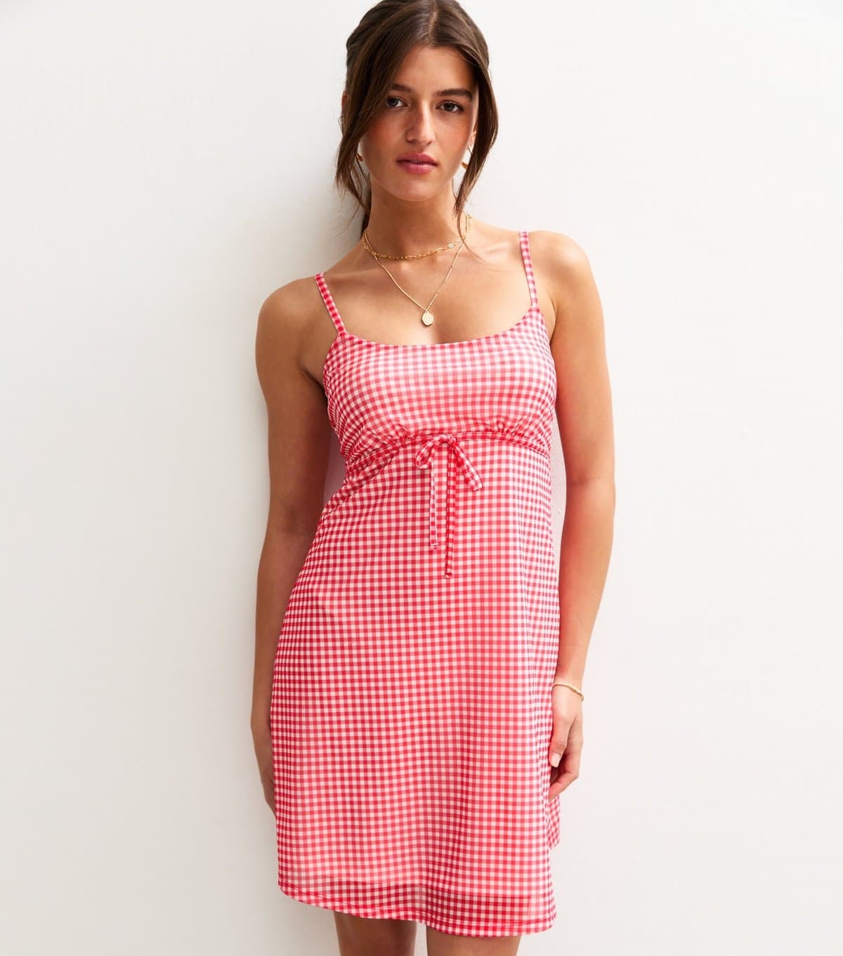 New Look Women's Red Gingham Print Bow Trim Mesh Mini Dress New Look