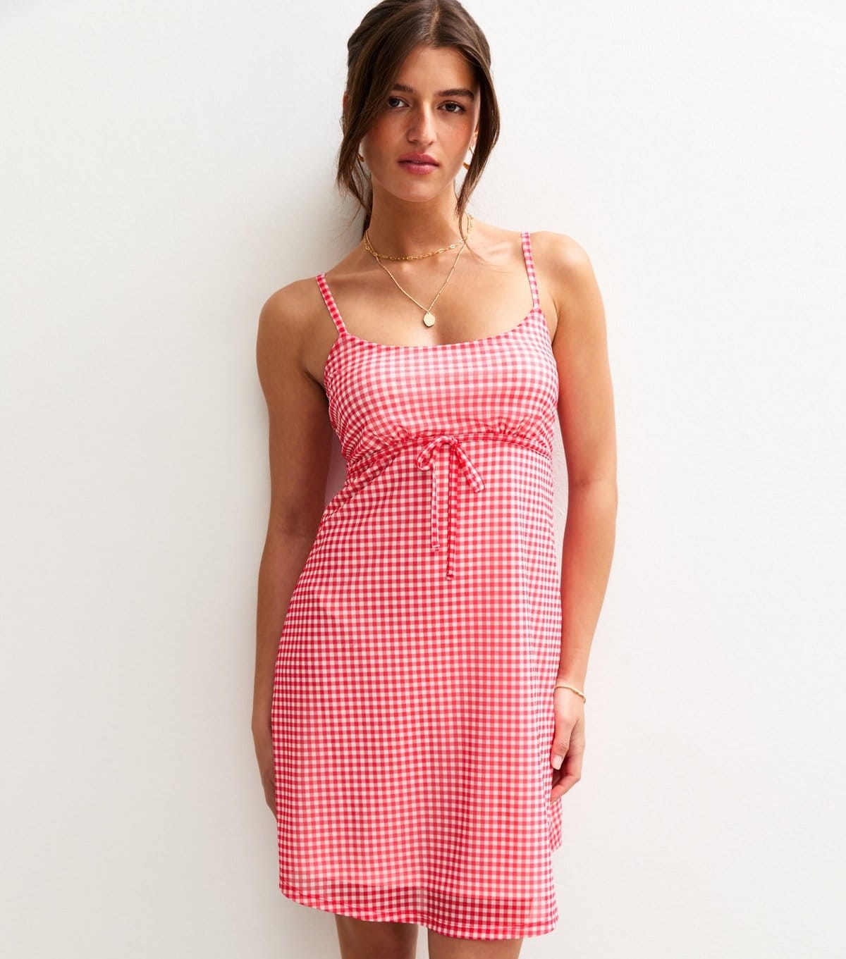 New Look Red Gingham Print Bow Trim Mesh Mini Dress