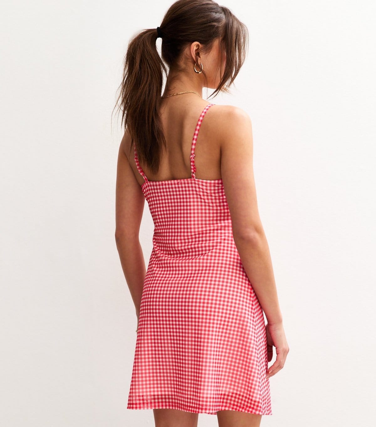 New Look Women's Red Gingham Print Bow Trim Mesh Mini Dress New Look - 4